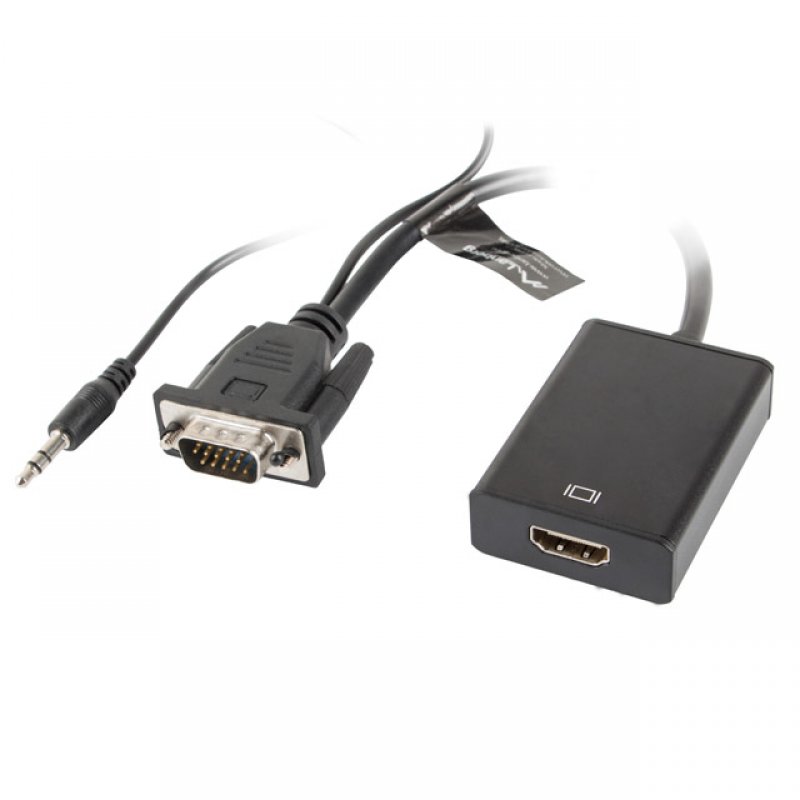 Lanberg VGA and 3.5mm Jack to HDMI Adapter, Black, 0.2m Length, Male/Female, Supports 1920x1080 Resolution - Perfect for video and audio signal transmission.