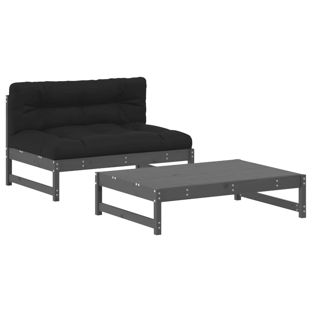 vidaXL Juego de muebles de jardín 2 pzas y cojines madera maciza gris