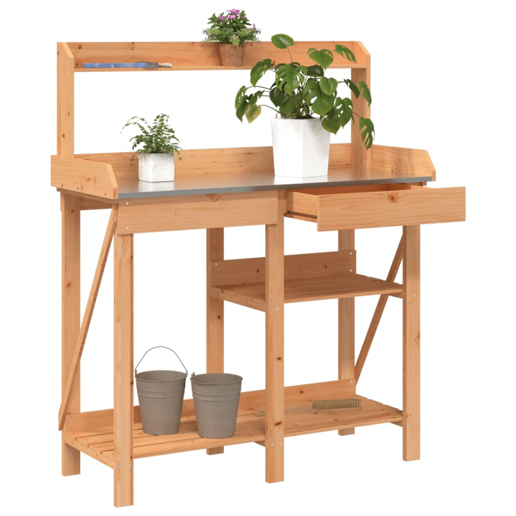 vidaXL Banco para macetas con estantes de madera maciza de abeto Color Natural,  Gris,  Marrón y mas