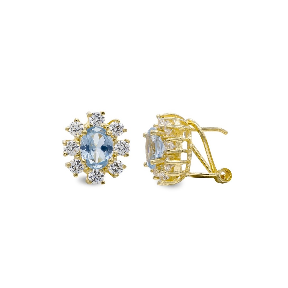 Pendientes oro 18k mujer aguamarina centro 7 mm. ovalada combinada circonitas extremos omega