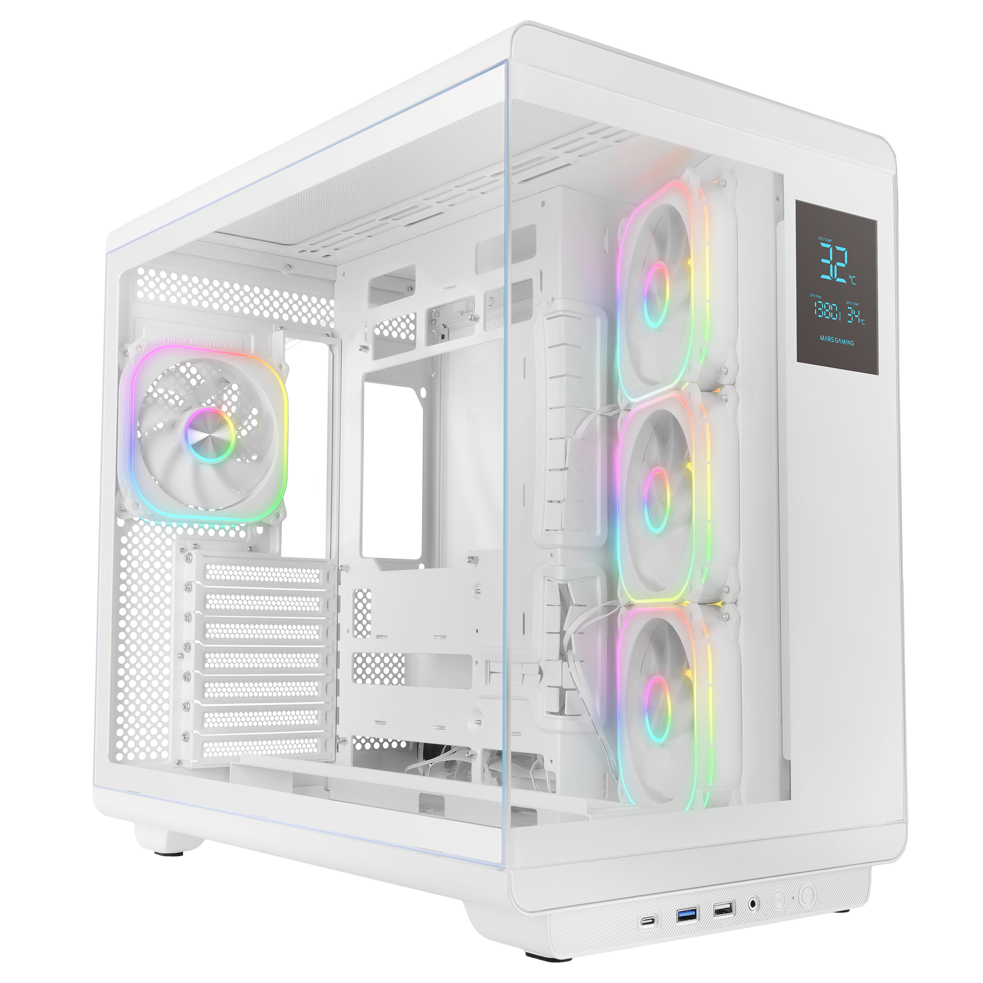 Mars Gaming MC-REVPRO, Caja PC ATX, Pantalla LCD 4.3", Cristal Templado Continuo, 4 Ventiladores PWM ARGB, Refrigeración Líquida hasta 360mm, Compatibilidad Placas Base Conector Inverso, USB-C, Semitorre PC Negra o Blanca