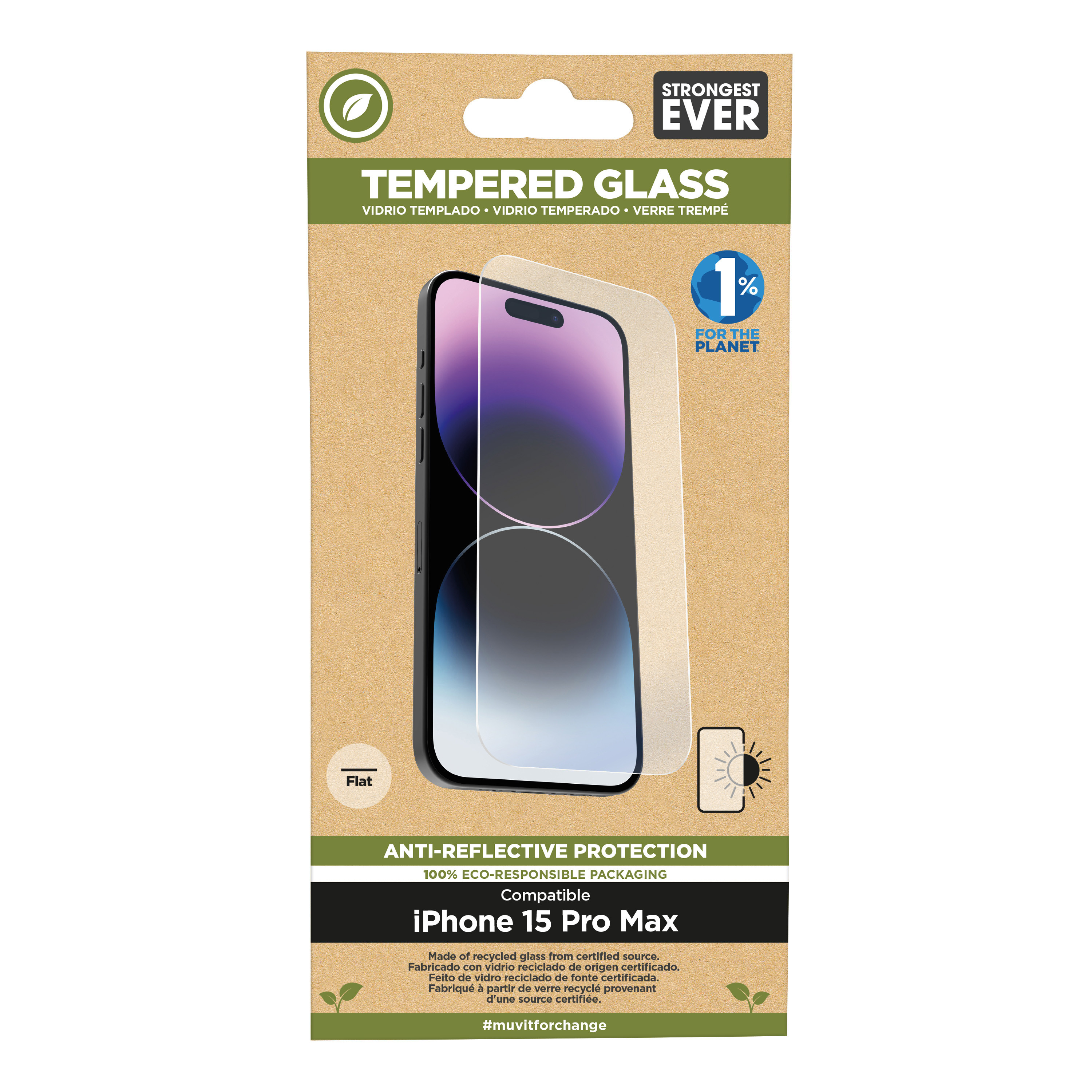 muvit for change protector pantalla recycletek anti-reflejo compatible con Apple iPhone 15 Pro Max vidrio templado plano