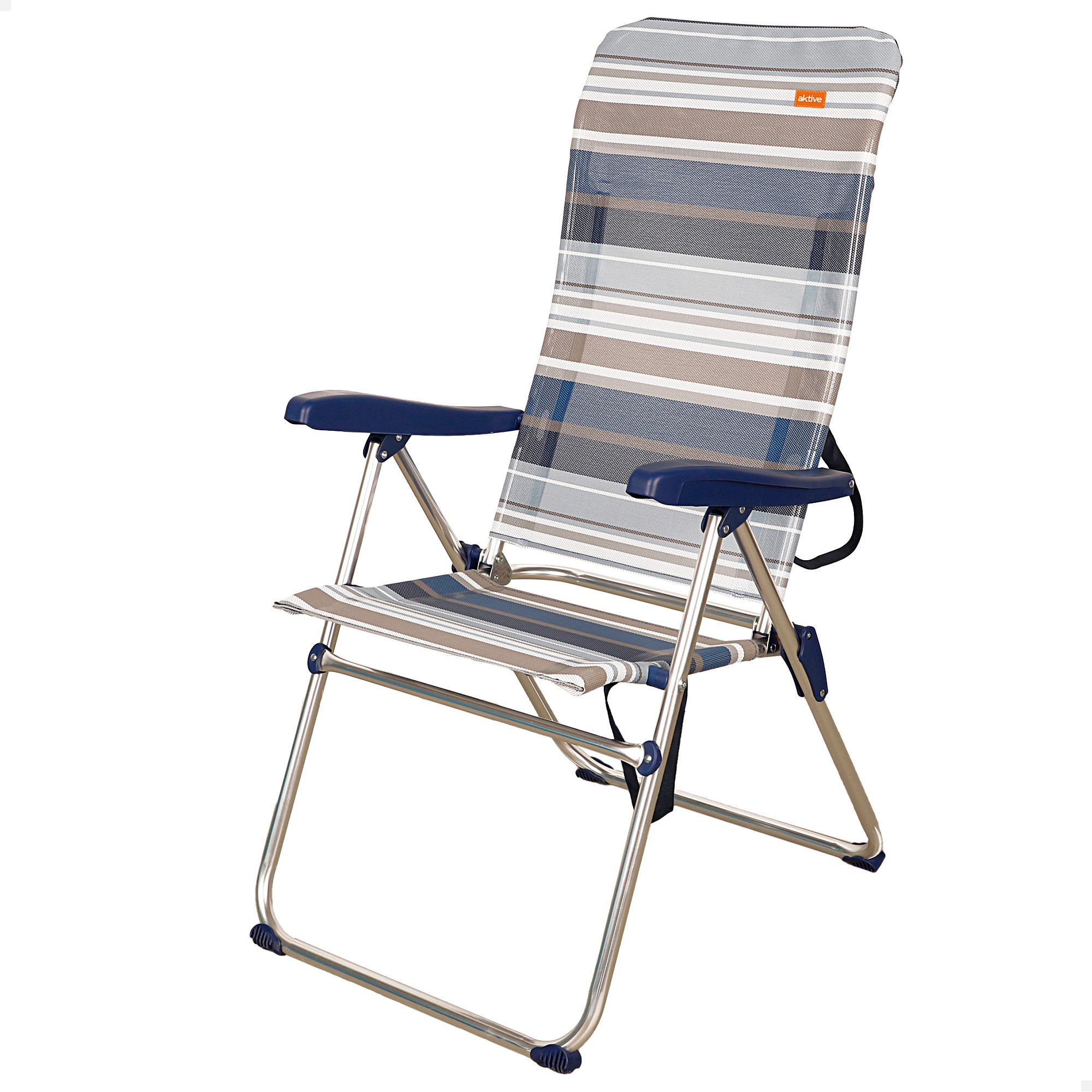 Aktive - Silla de playa plegable, diseño azul y gris a rayas, 47x67x110 cm, peso máximo 100 kg, respaldo reclinable 5 posiciones, sin tubo delantero, topes antivuelco, aluminio y textileno, fácil transporte con asa, sillas playa multiposición