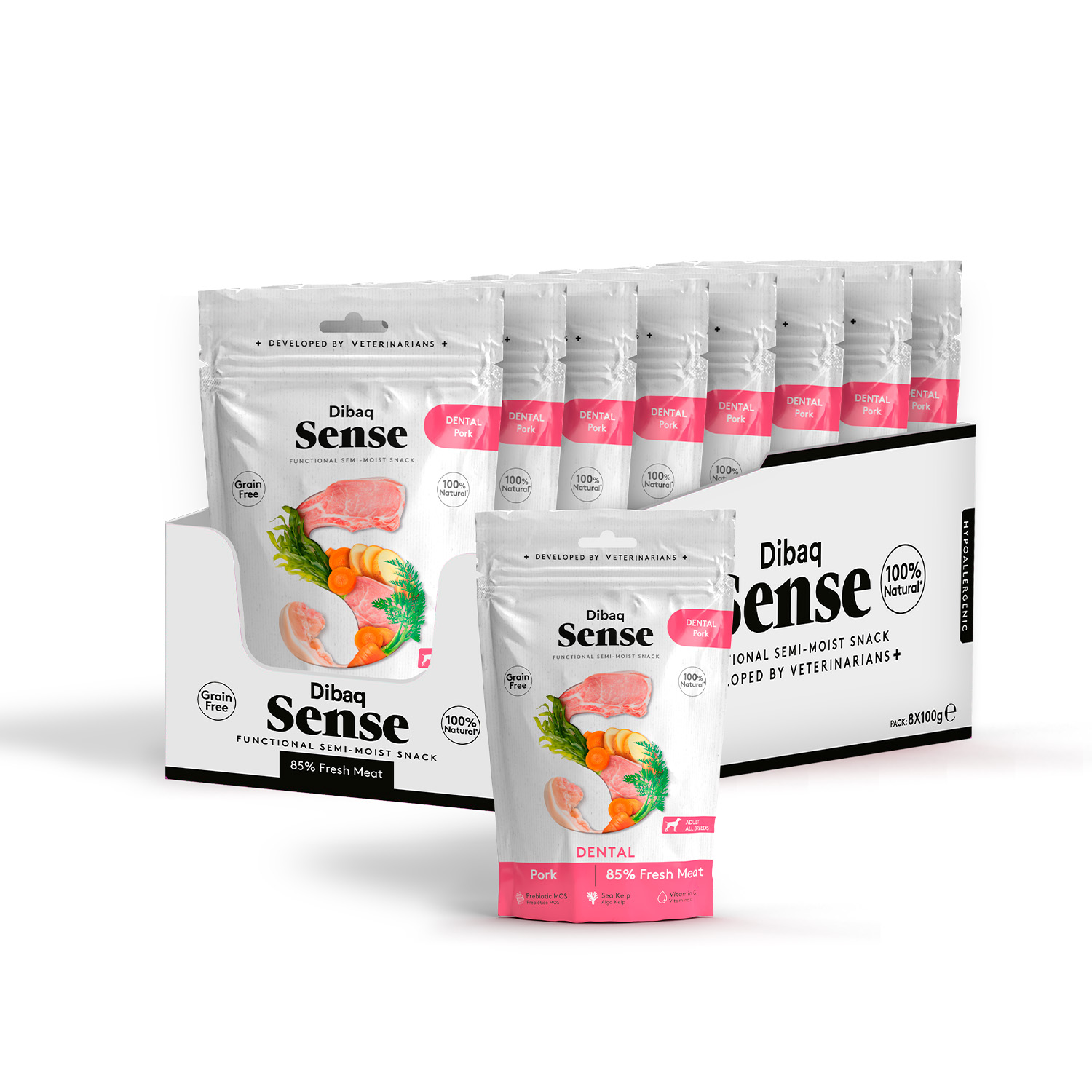 Dibaq Sense Dog, Snack para perros, grain free, dental, monoproteico, cerdo sin cereal, pack 3 uds x 100 gr