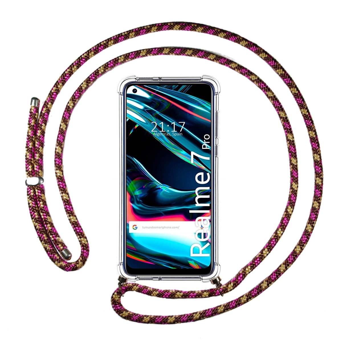 Tumundosmartphone Funda Colgante Transparente para Realme 7 Pro con Cordon Rosa / Dorado