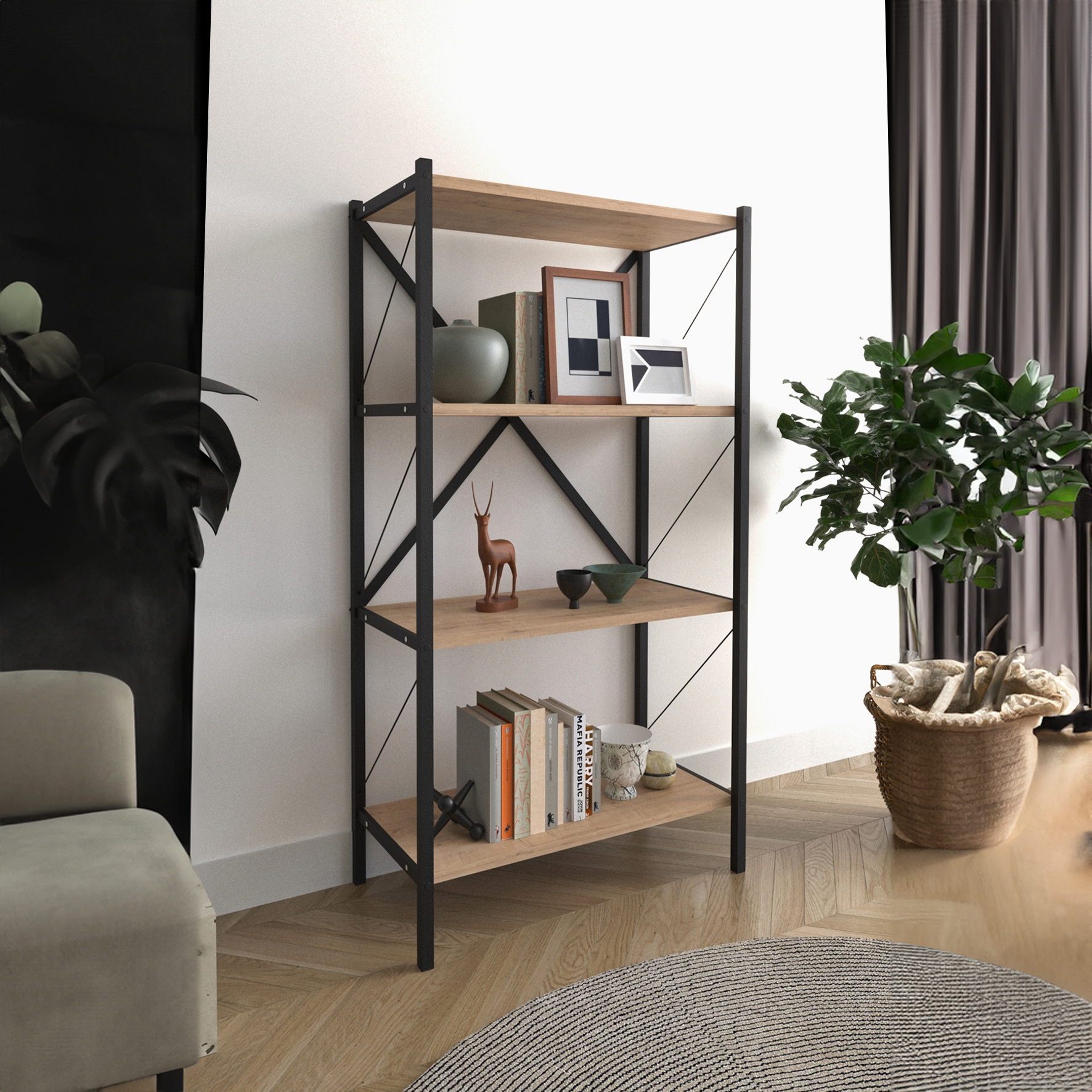 Estantería Librería metálica. Estilo industrial. con 4 estantes melamina color roble Safir. Estructura metálica negra. (Alto 121 cm/Ancho 66 cm/Fondo 34 cm).