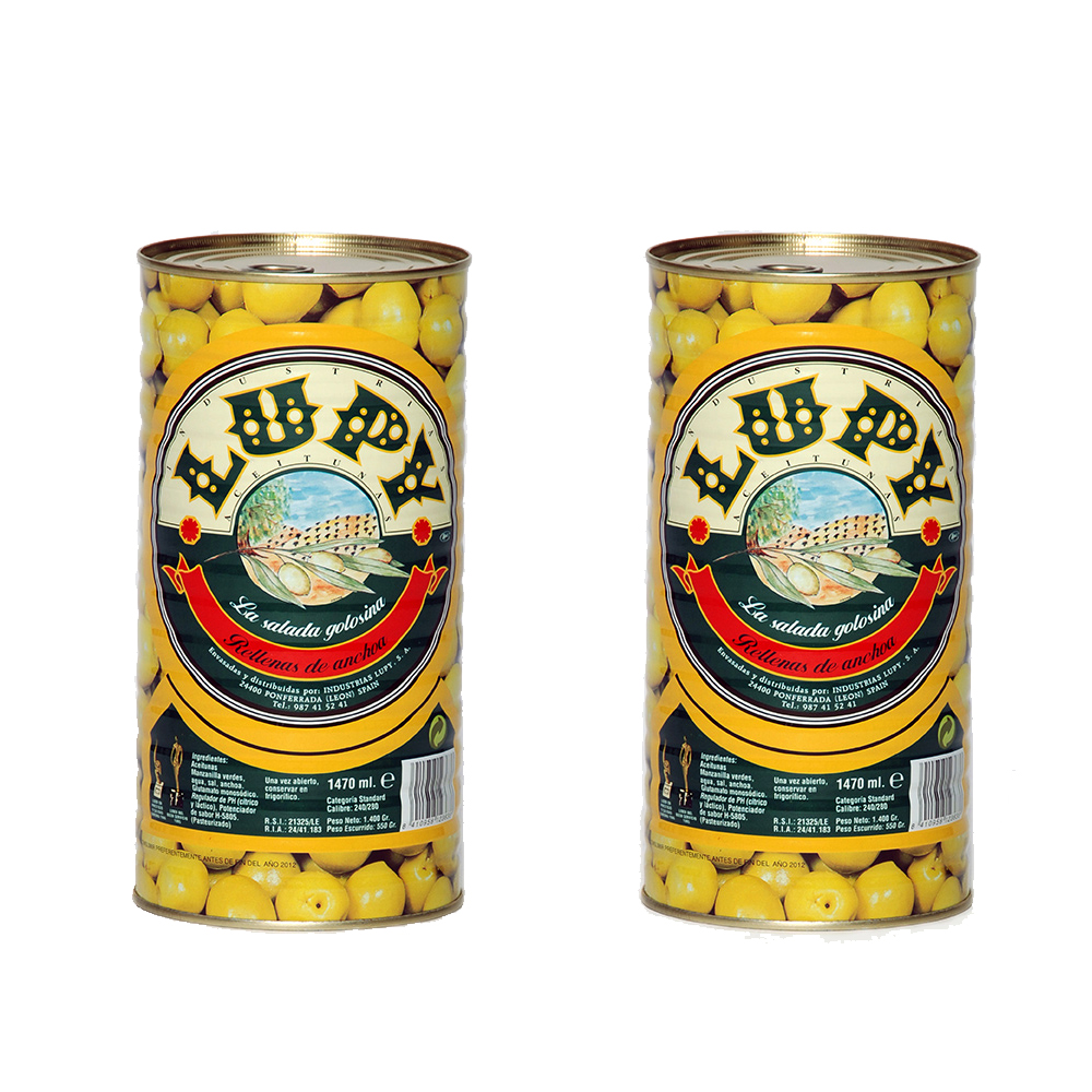 Aceitunas Lupy Rellenas de Anchoa, 6 Unidades de 600 g, Calibre 240/260, Peso Escurrido 550 g, Ideal para Aperitivos y Conservas Españolas, Marca Premium en Lata