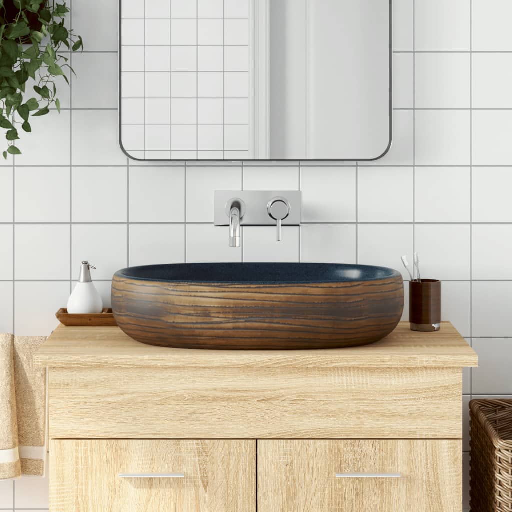 vidaXL Lavabo sobre Encimera Ovalado Lavamanos de Baño Cerámica Arena Color Gris y negro,  Morado,  Azul oscuro y mas