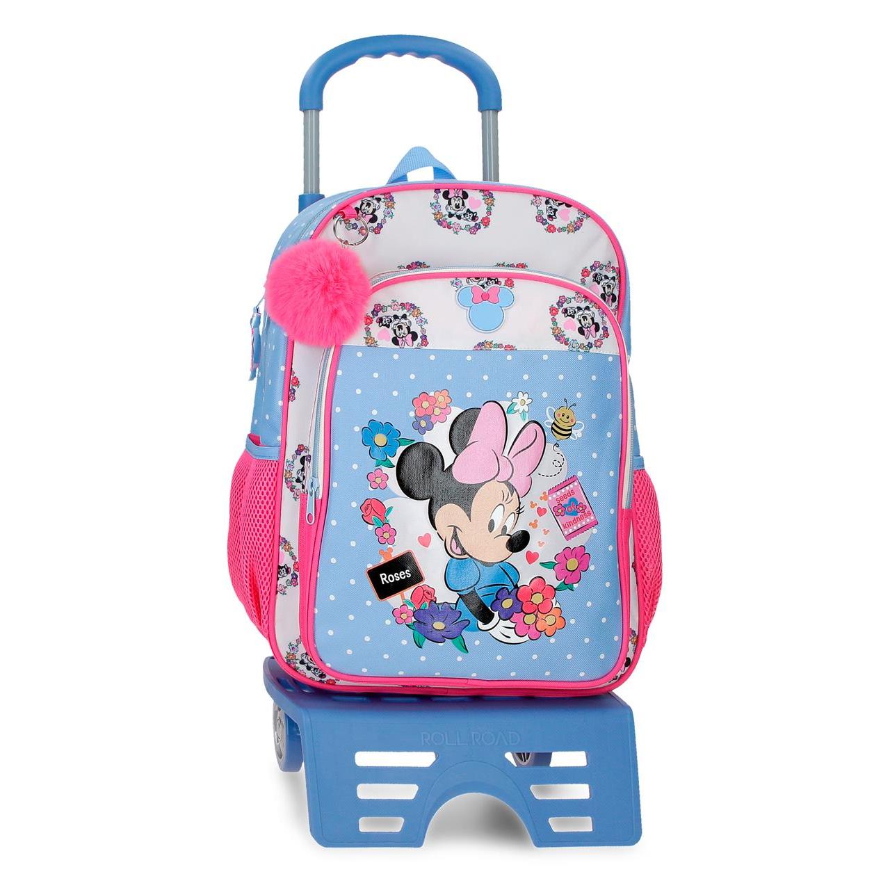 Mochila escolar con carro Minnie Flowers 30x40x13cm Azul Claro
