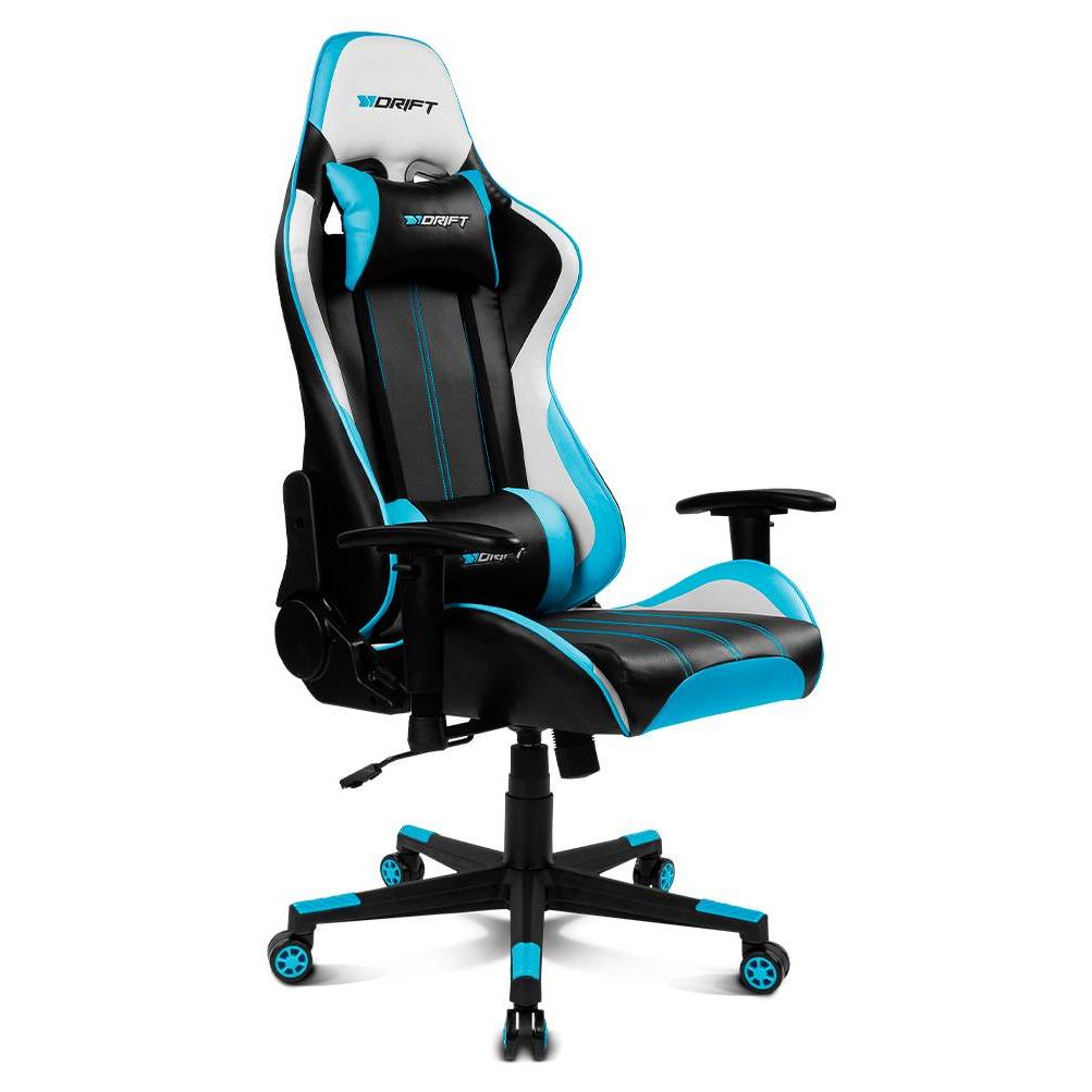 DRIFT Gaming DR175BLUE- Silla Gaming Profesional, polipiel, reposabrazos ajustables 2D, piston clase 4, giratoria, mecanismo de mariposa, cojin lumbar y cervical, negro/blanco/azul