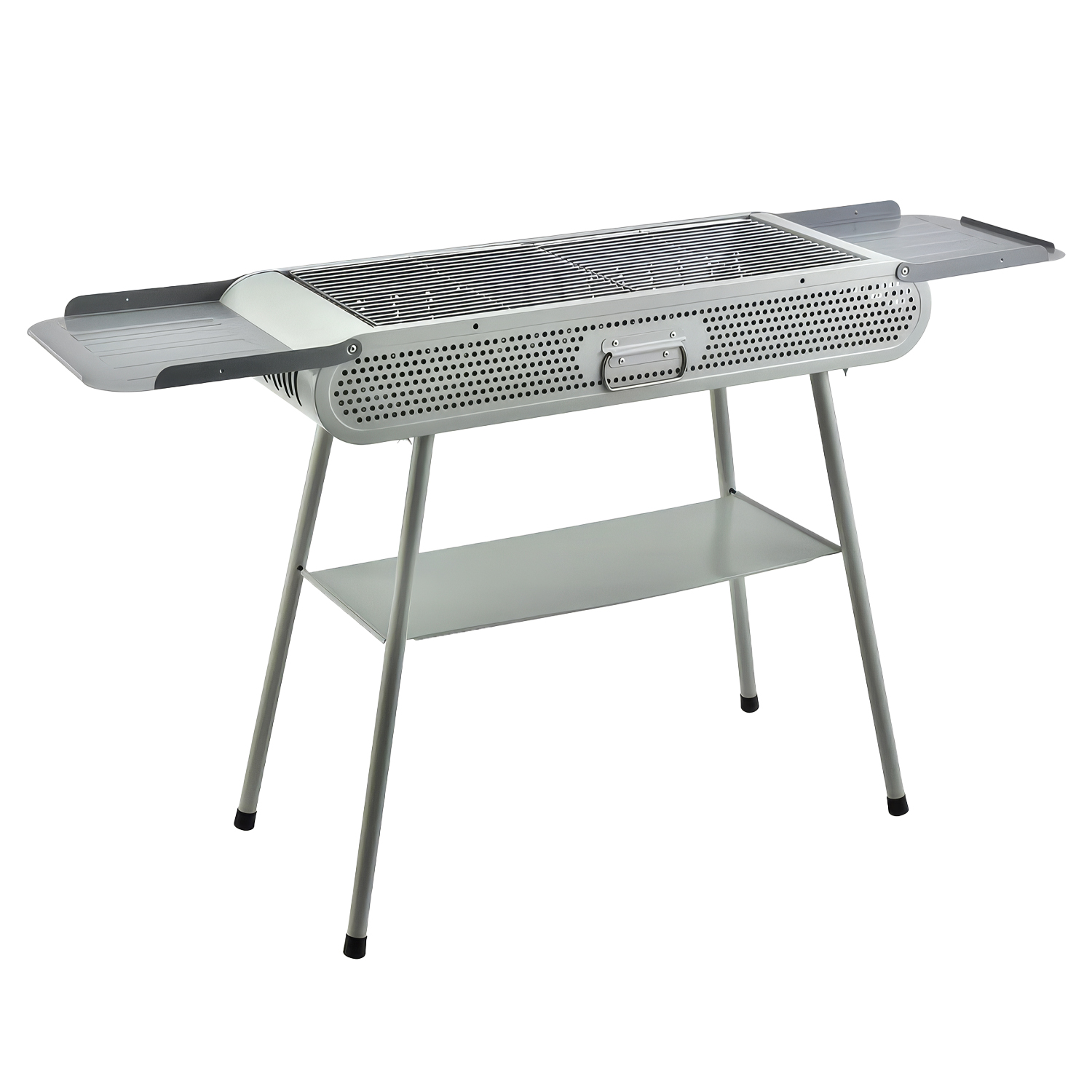 Barbacoa portátil de carbón K-701 con diseño plegable, asa de transporte, ventilación optimizada y amplias bandejas de almacenamiento integradas.