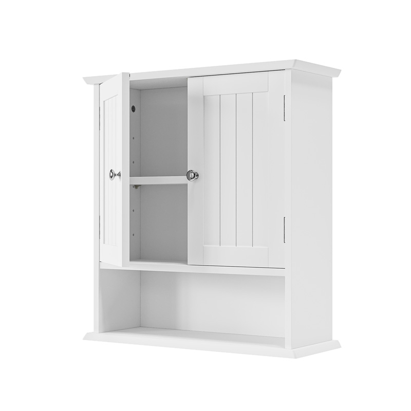 Armoire murale de salle de bains blanche avec deux portes, étagères réglables et niche ouverte