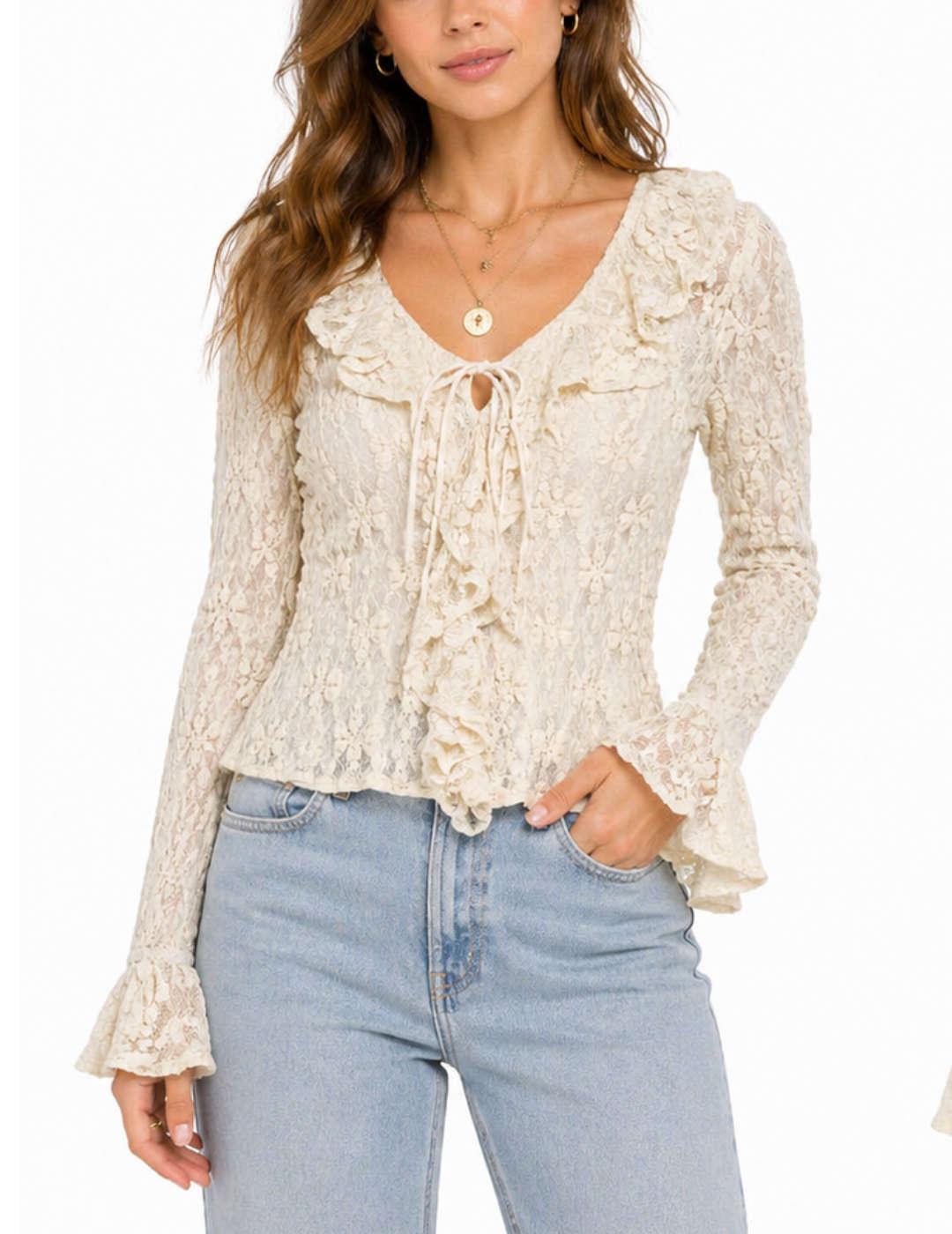 Blusa Only Pearlina beige encaje volante para mujer