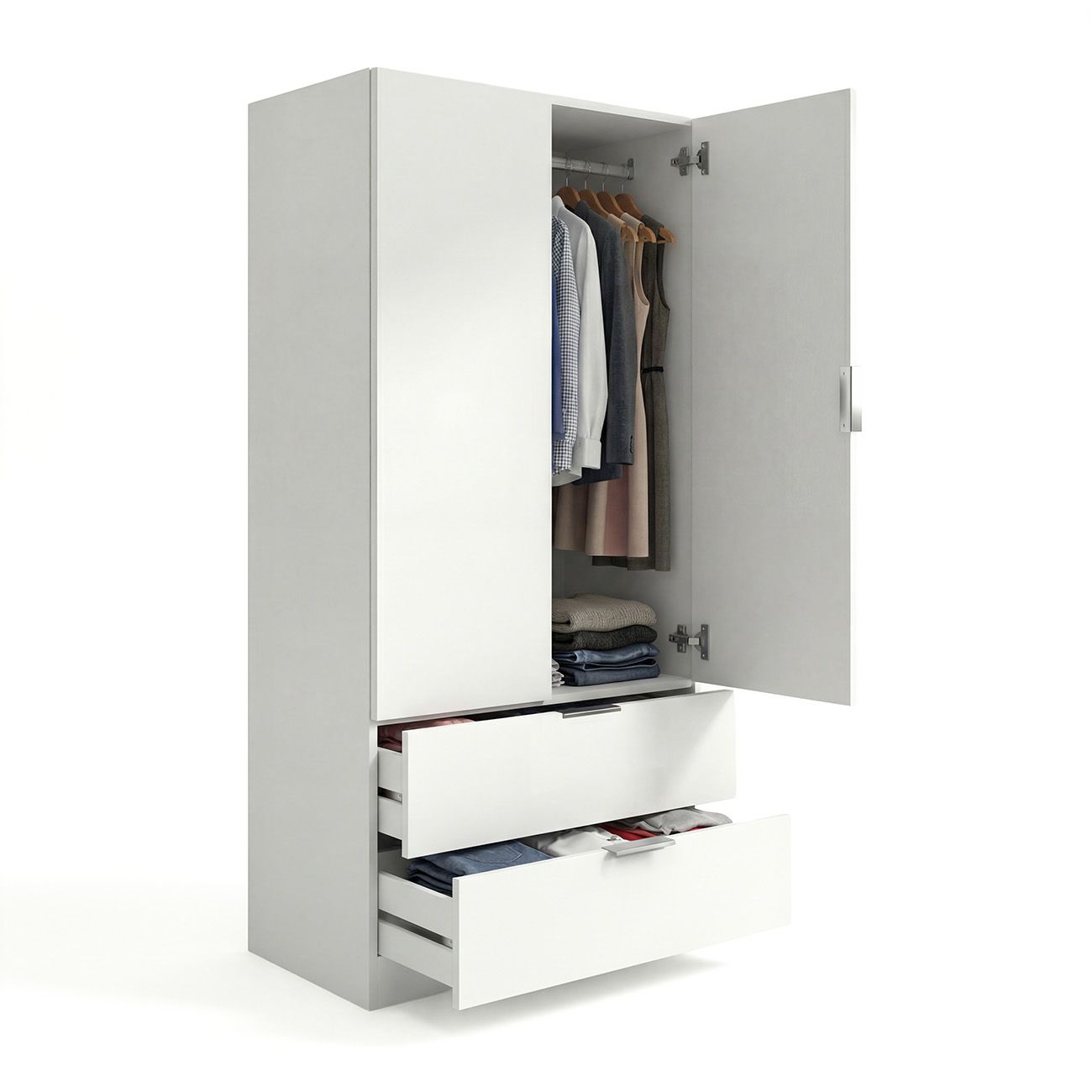 duehome - Armario de 2 puertas y 2 cajones Lark para dormitorio, fabricado en melamina de alta calidad, medidas 81,5x180x52 cm, diseño nórdico moderno con barra colgante y estantes integrados