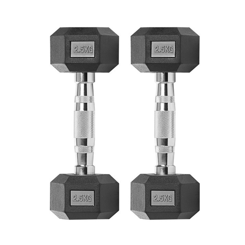 Mancuernas hexagonales ergonómicas con empuñadura de cromo y revestimiento de caucho. 2x2.5kg / 2x5kg / 2x7.5kg / 2x10kg / 2x12,5kg / 1x15kg / 1x17,5kg / 1x20kg / 1x25kg