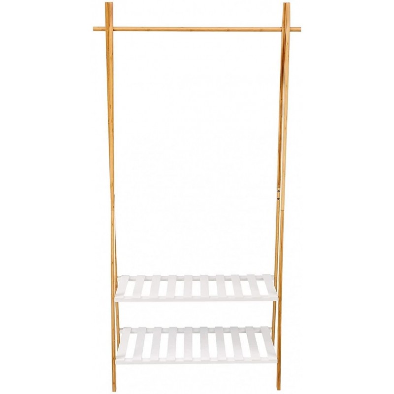 Perchero de Pie Madera Blanco Estructura de Bambu Resistente y Baldas de Madera Estilo Nordico