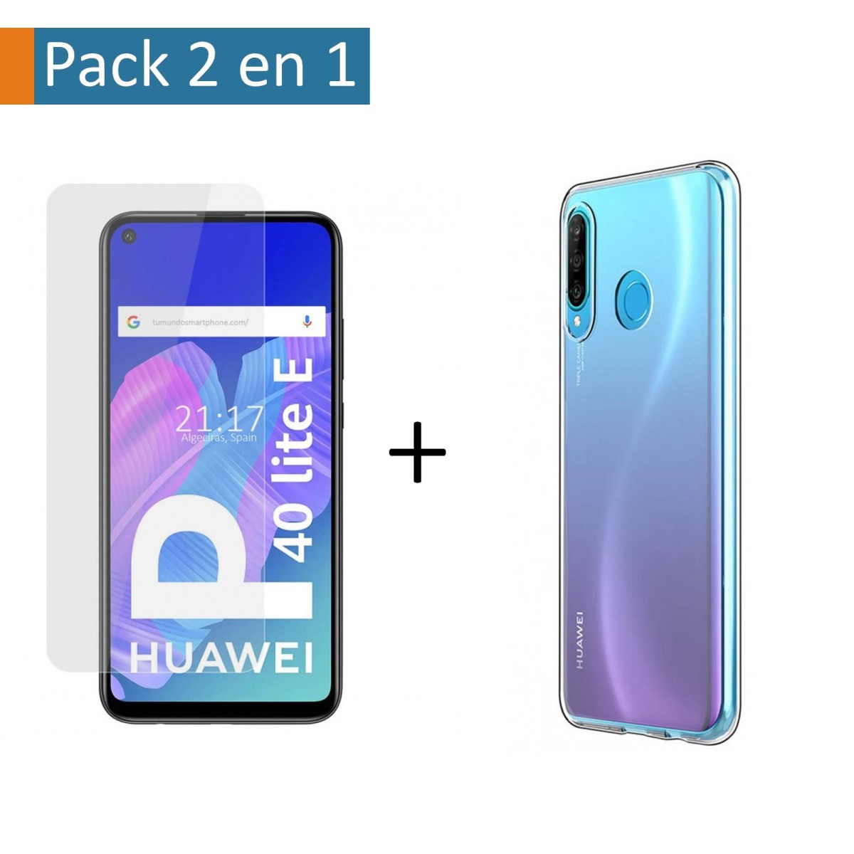 Tumundosmartphone Pack 2 en 1 Funda Gel Transparente + Protector Cristal Templado para Huawei P40 Lite E - Protección Completa