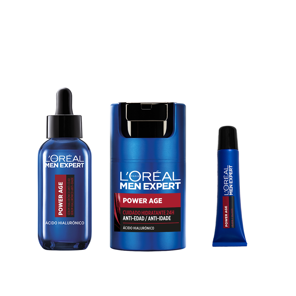 L'Oréal Paris | Rutina Men Expert POWER AGE Sérum hialurónico anti-edad. + cuidado hidratante 24h anti-edad mejorado con Ácido Hialurónico - 50 ml + contorno de ojos anti-edad con ácido hialurónico