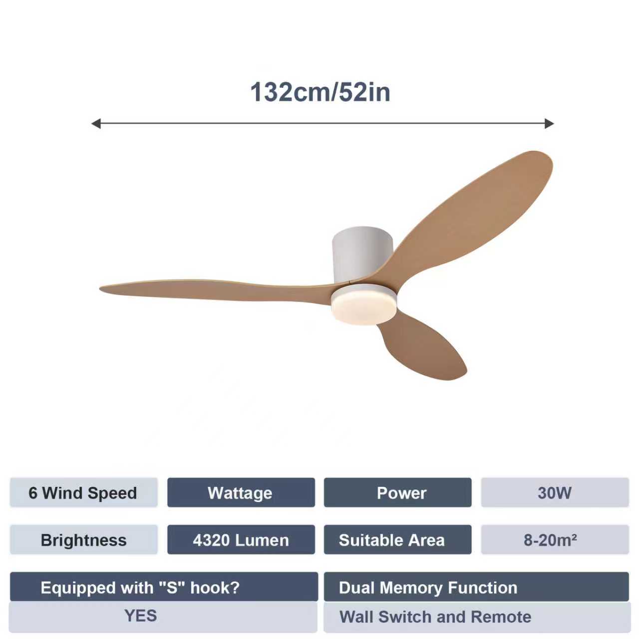Hola LED Ventilador de Techo 42" con Luz LED Regulable – 3000K-6000K, 85-265V，Blanco/Madera Claro/Negro/Nogal Negro