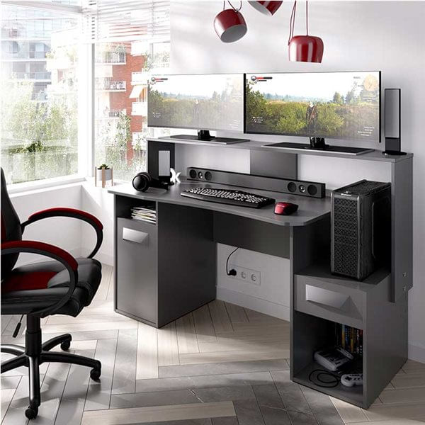 Escritorio gaming Fosk 2 compartimentos con cajón y armario grafito