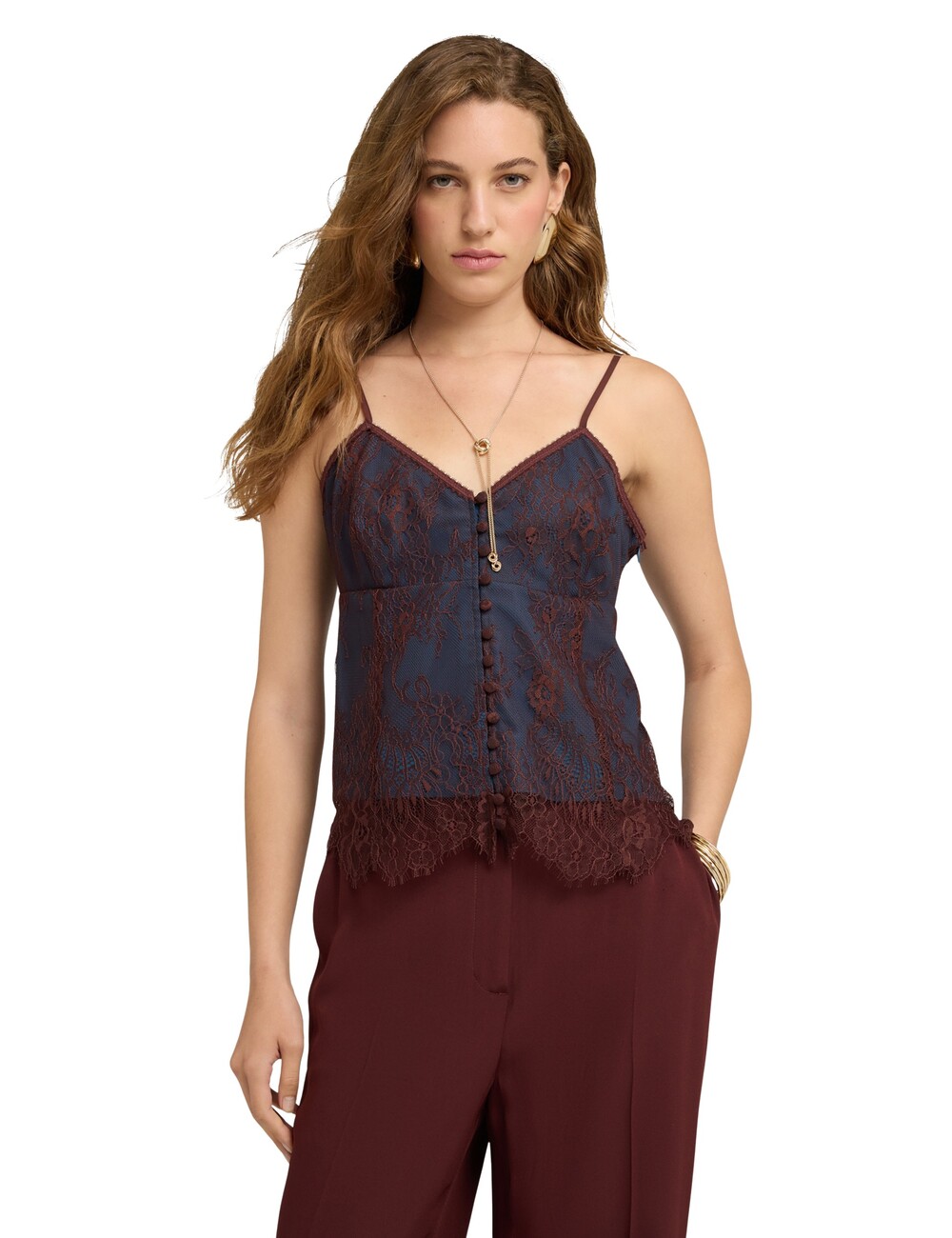 Motivi - Top de encaje con camisola interior y dobladillo festoneado