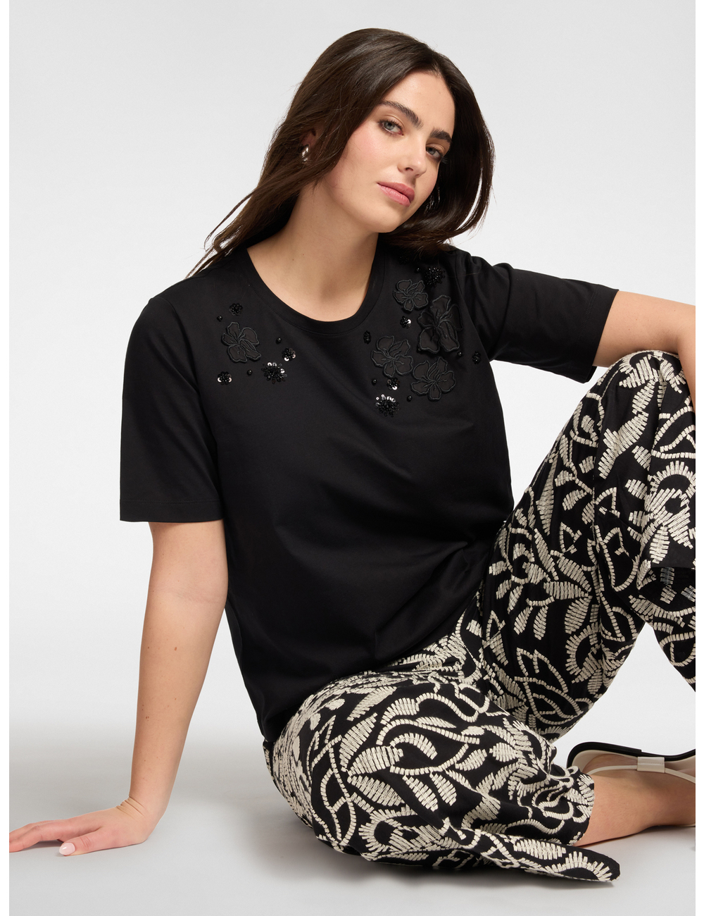 Elena Mirò - Camiseta de algodón con aplicaciones florales