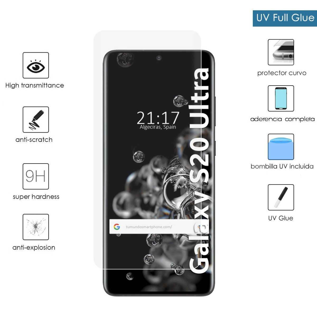 Tumundosmartphone Protector Cristal Templado Completo Curvo UV Full Glue para Samsung Galaxy S20 Ultra