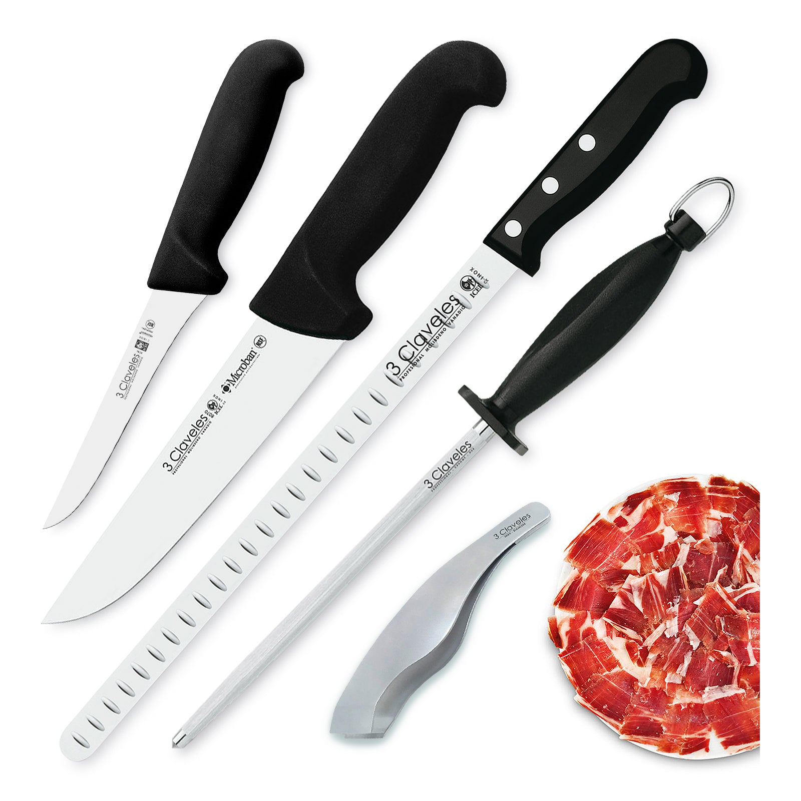 3 Claveles Premium - Kit Profesional de Cuchillo Jamonero Deshuesadores Chaira y Pinzas