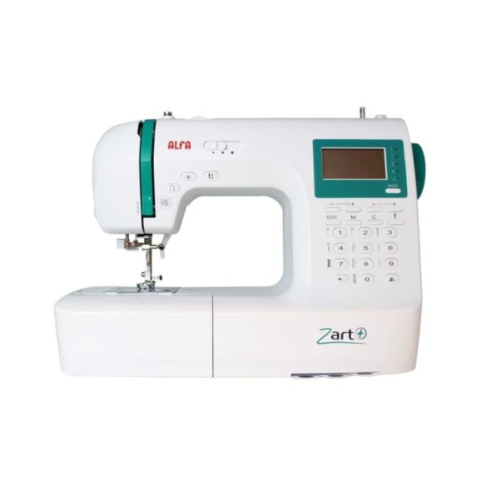 Máquina de Coser Alfa Zart + con 210 Puntadas, Pantalla LCD, Ojales Automáticos, 2 Alfabetos y Mesa de Extensión Incluida