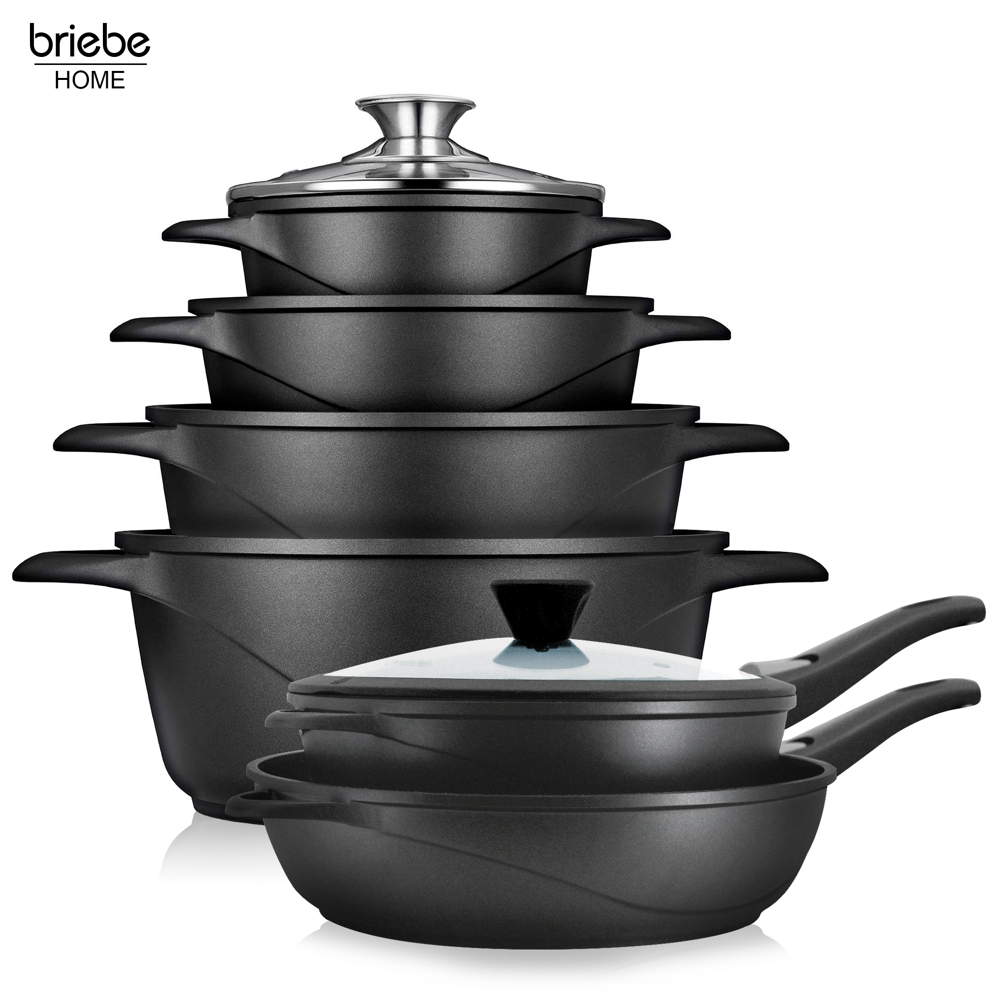 Briebe MGK1219 Batería de Cocina Inducción 12 Piezas Aluminio Fundido 4 Ollas 2 Sartenes Antiadherente Tapas, , Negro