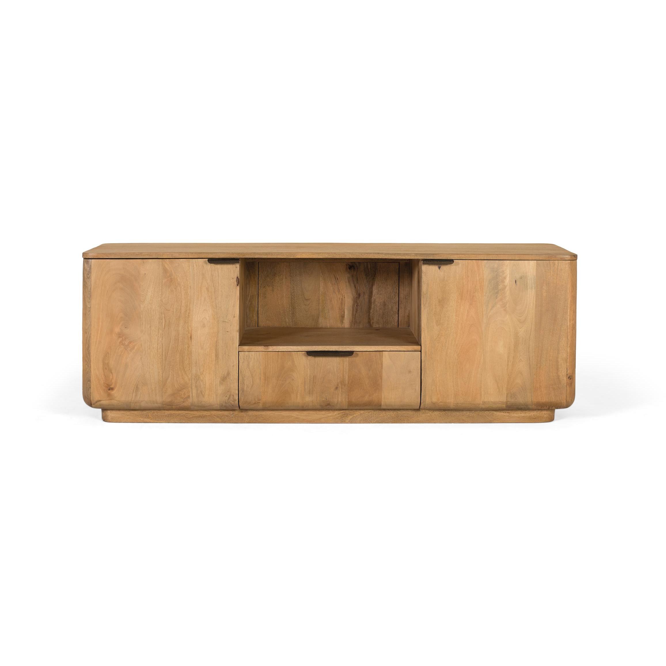 Mueble de tv fabricado en madera de mango con esquinas redondeadas56X160X40