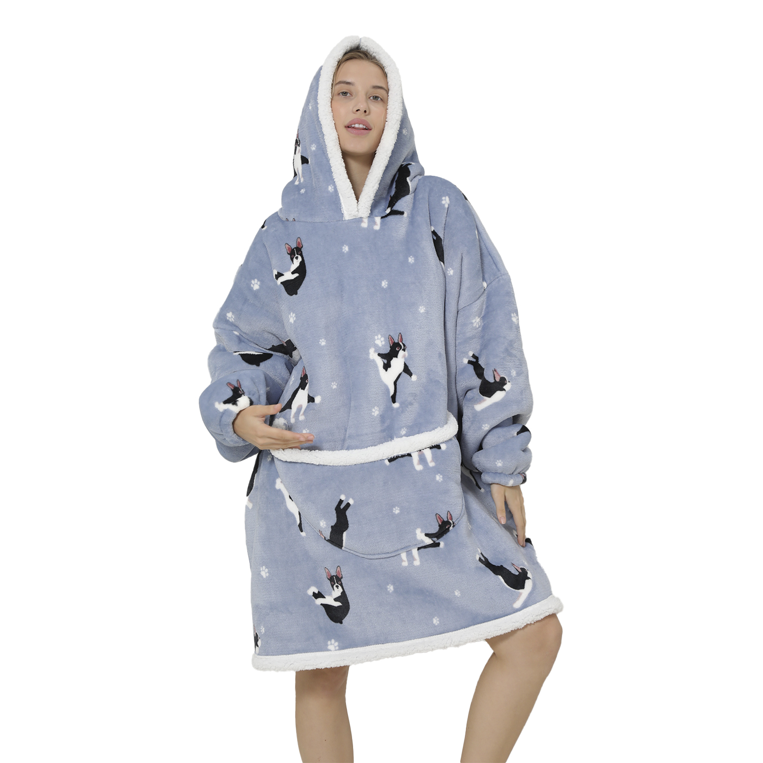 DAM Bata estilo sudadera y manta de felpa extrasuave. Bolsillo frontal tipo canguro. 85x1x79 Cm.