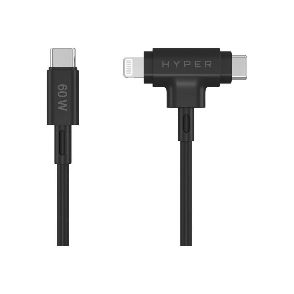 Cable híbrido de silicona Hyper HyperJuice USB-C a USB-C y Lightning de 60 W, color negro | Hyper