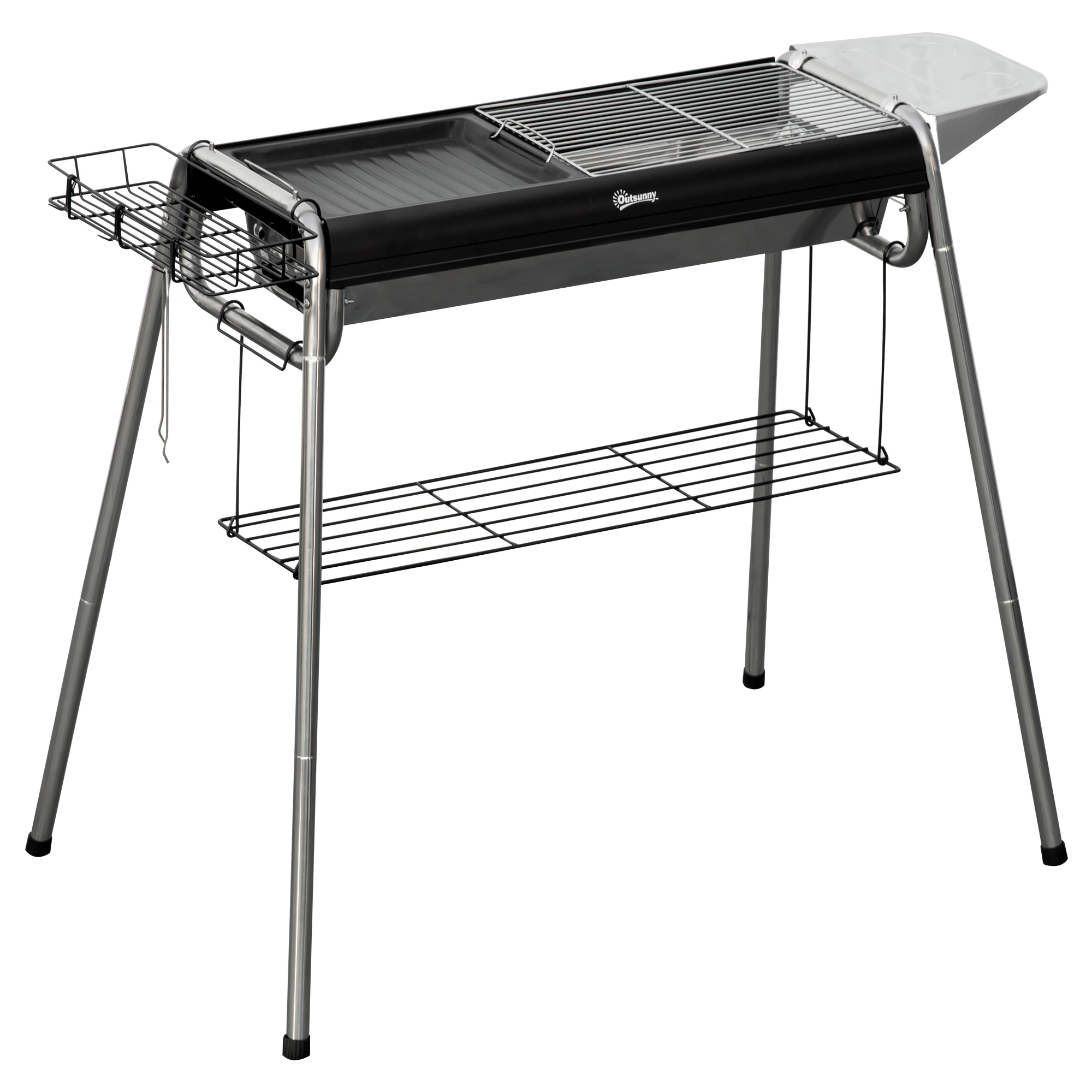 Outsunny Barbacoa de Carbón Barbacoa Portátil con Parrilla de Acero Inoxidable Bandeja Especiero y Estante de Almacenamiento para Jardín Camping 107x63x75 cm Negro