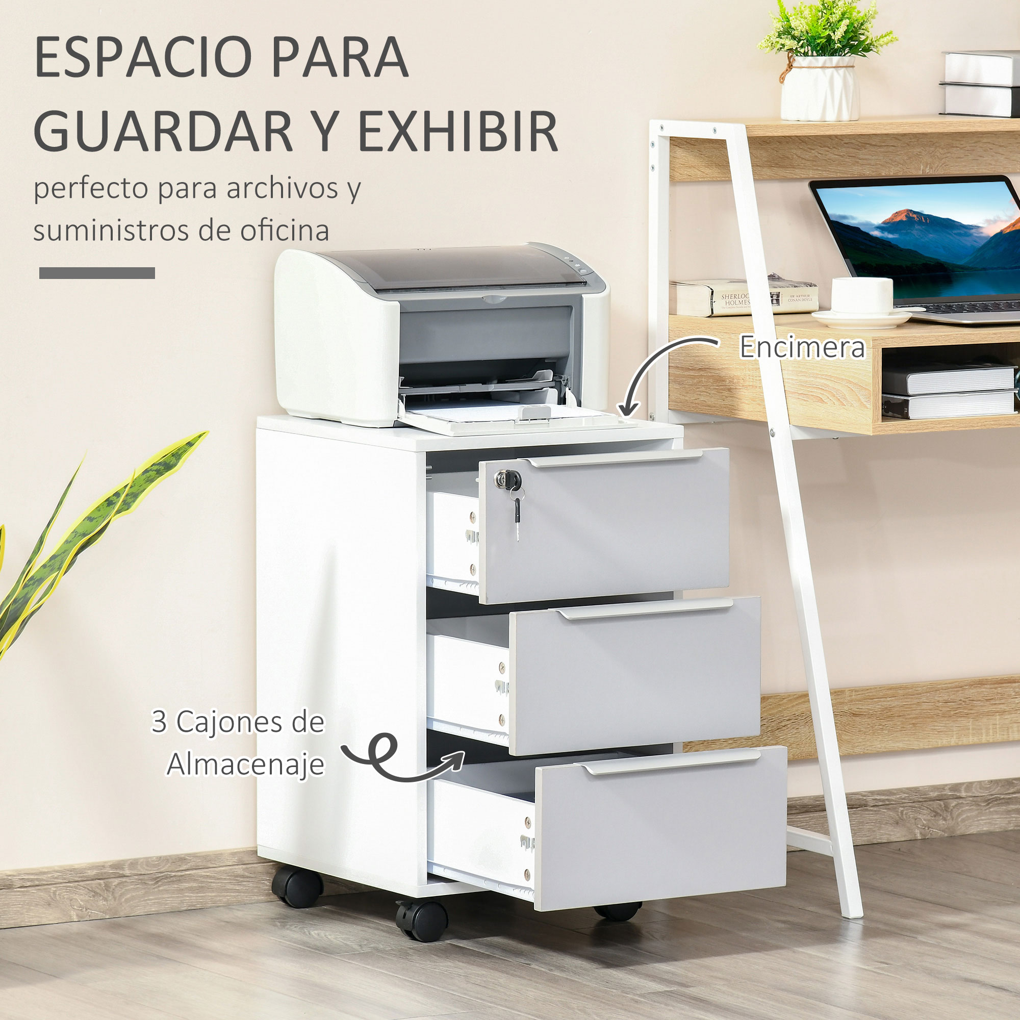 HOMCOM Armario de Oficina para Impresora Mueble Multifuncional con 3  Cajones Estantes y Ruedas 80x40x65 cm Blanco