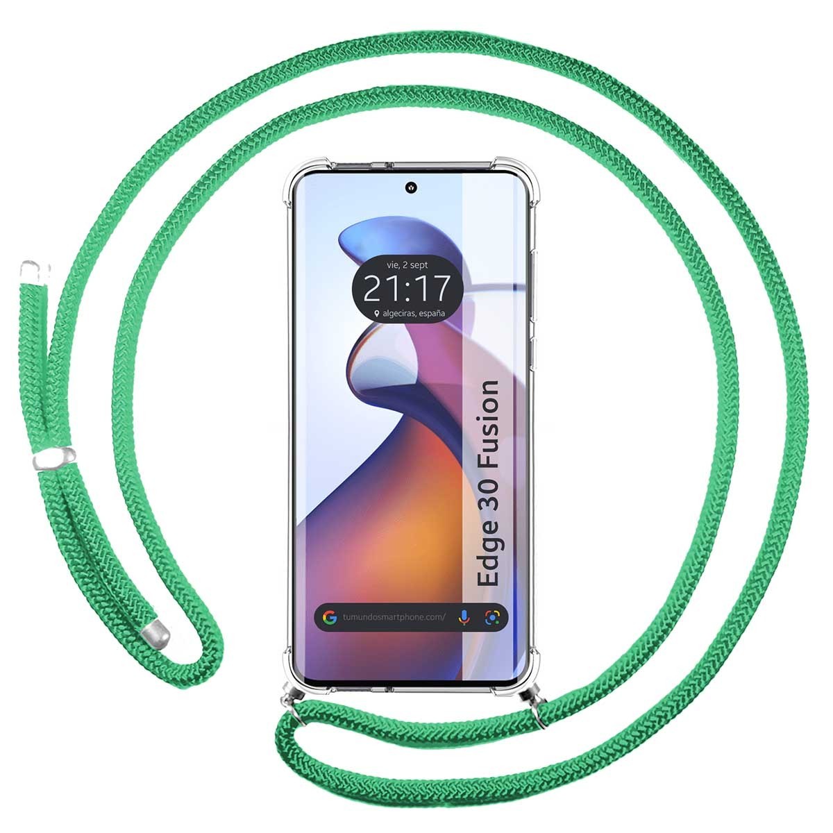 Tumundosmartphone Funda Colgante Transparente para Motorola Edge 30 Fusion 5G con Cordon Verde Agua - Protección Antigolpes