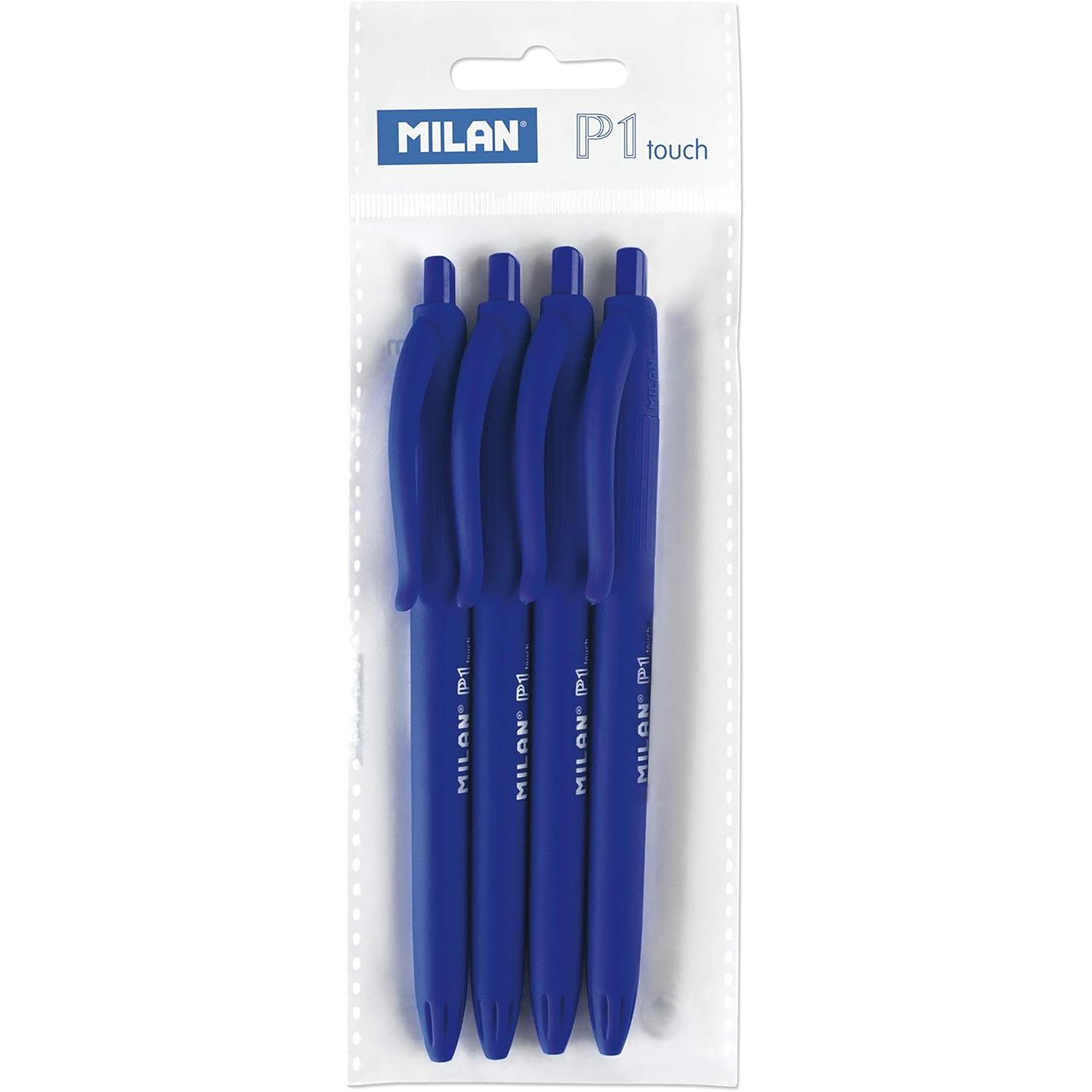 MILAN Bolígrafo P1 Touch Punta 1mm Cuerpo y Tinta Color Azul (Pack de 4 Uds.)