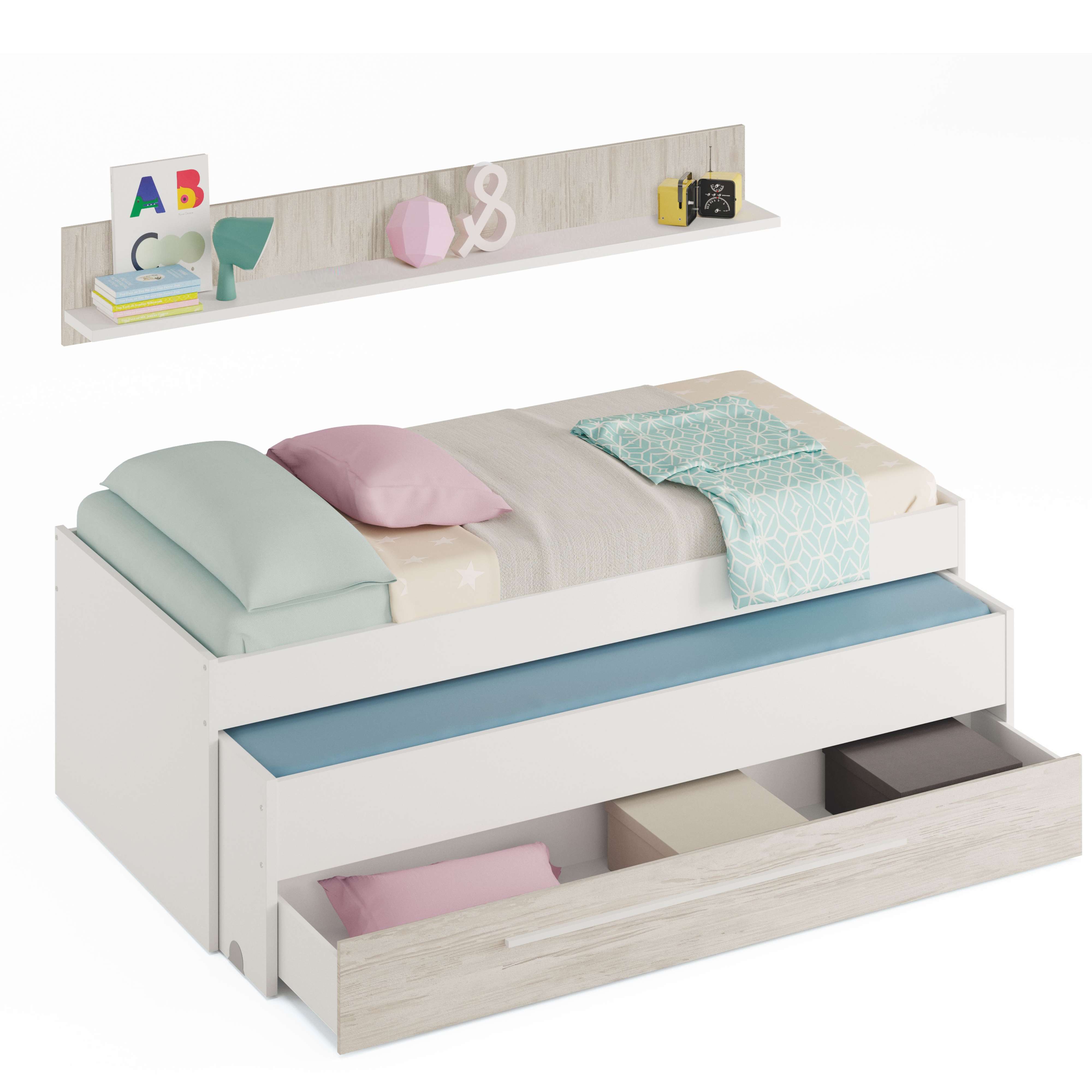 Cama Nido Elliot con cajón y estante habitación Juvenil color blanco artik y blanco velho 199x65x96 cm
