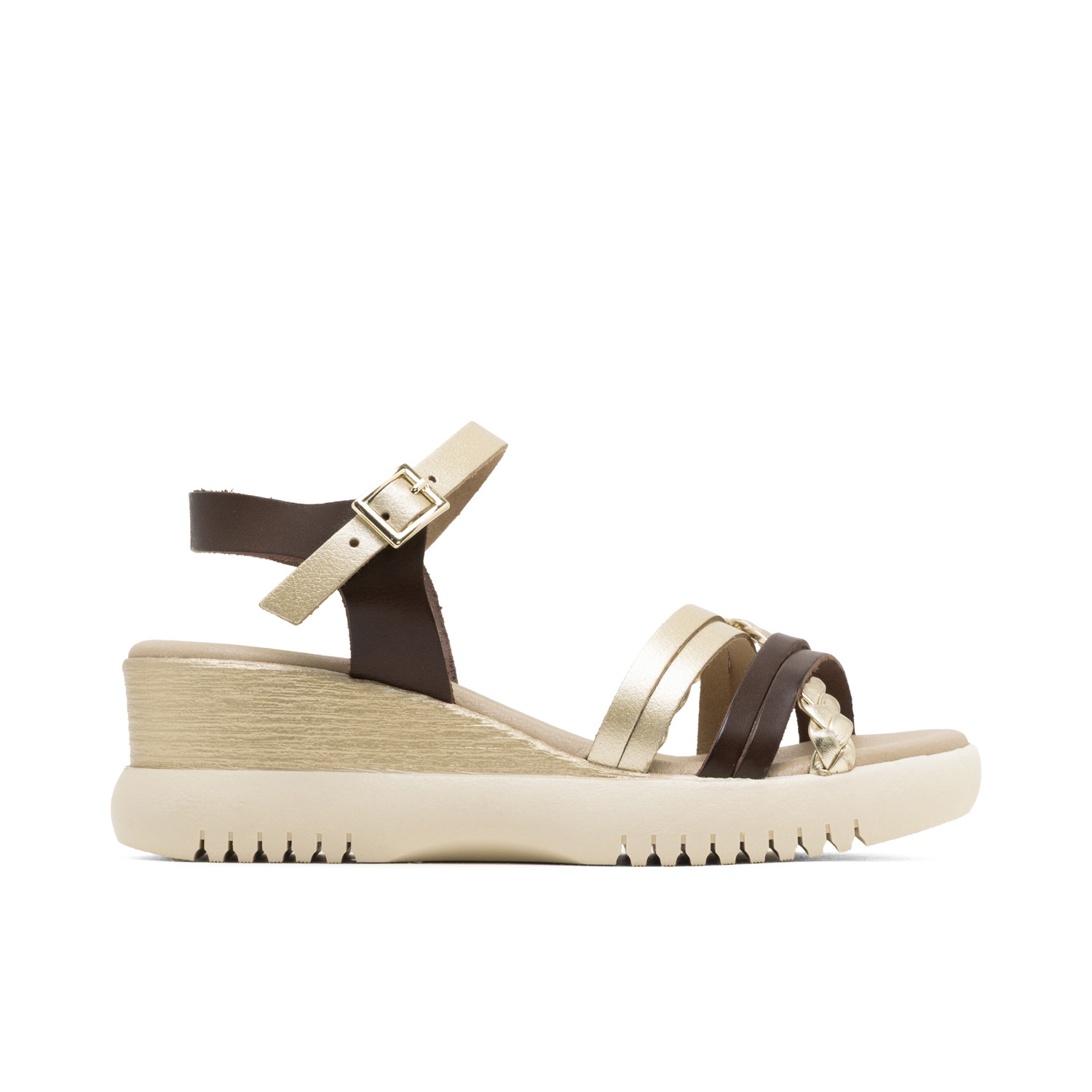 Sandalia de Cuña de Piel Blanco Berta Moka Oro – Diseño Artesanal Español con Tiras Cruzadas y Hebilla en el Tobillo, Plantilla Acolchada para Comodidad Superior, Cuña de 5 cm y Plataforma de 2 cm, Di