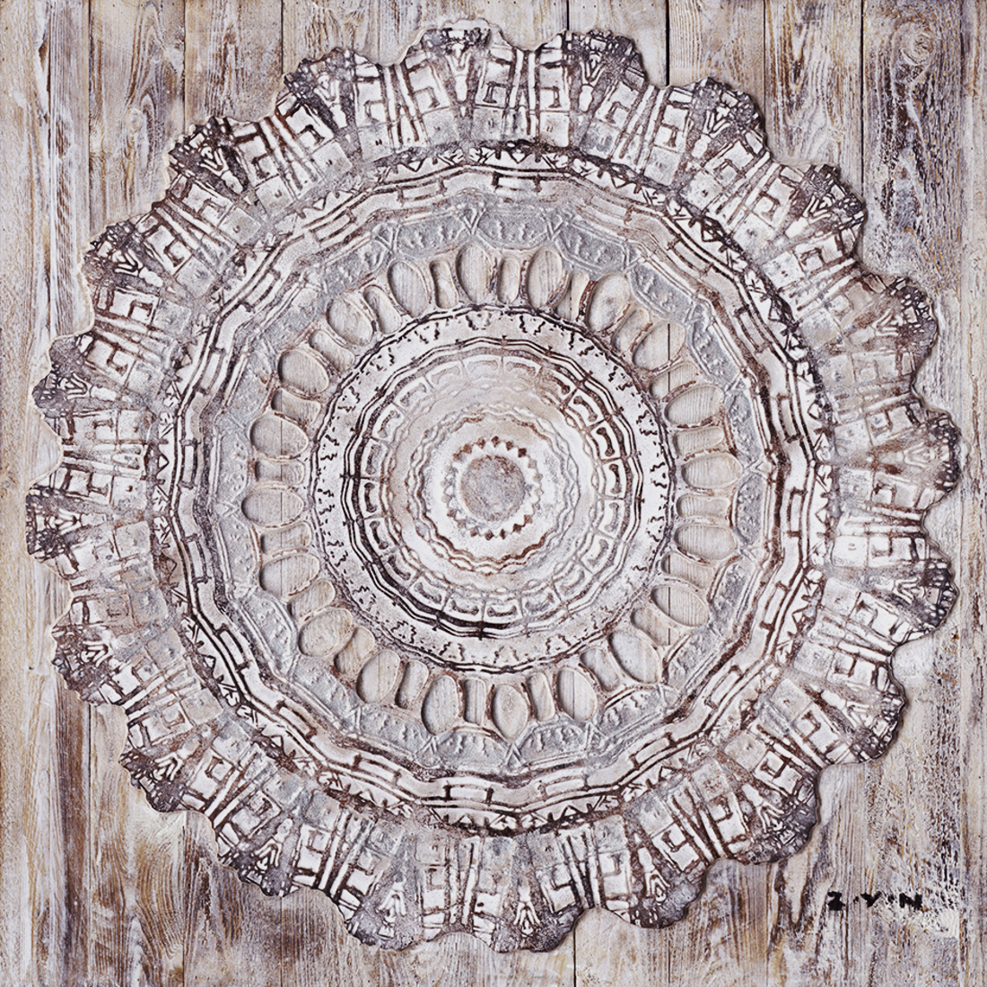 Hispanohogar Cuadro en Lienzo Pintado Al óleo Mandala en Relieve 80x80 Cm