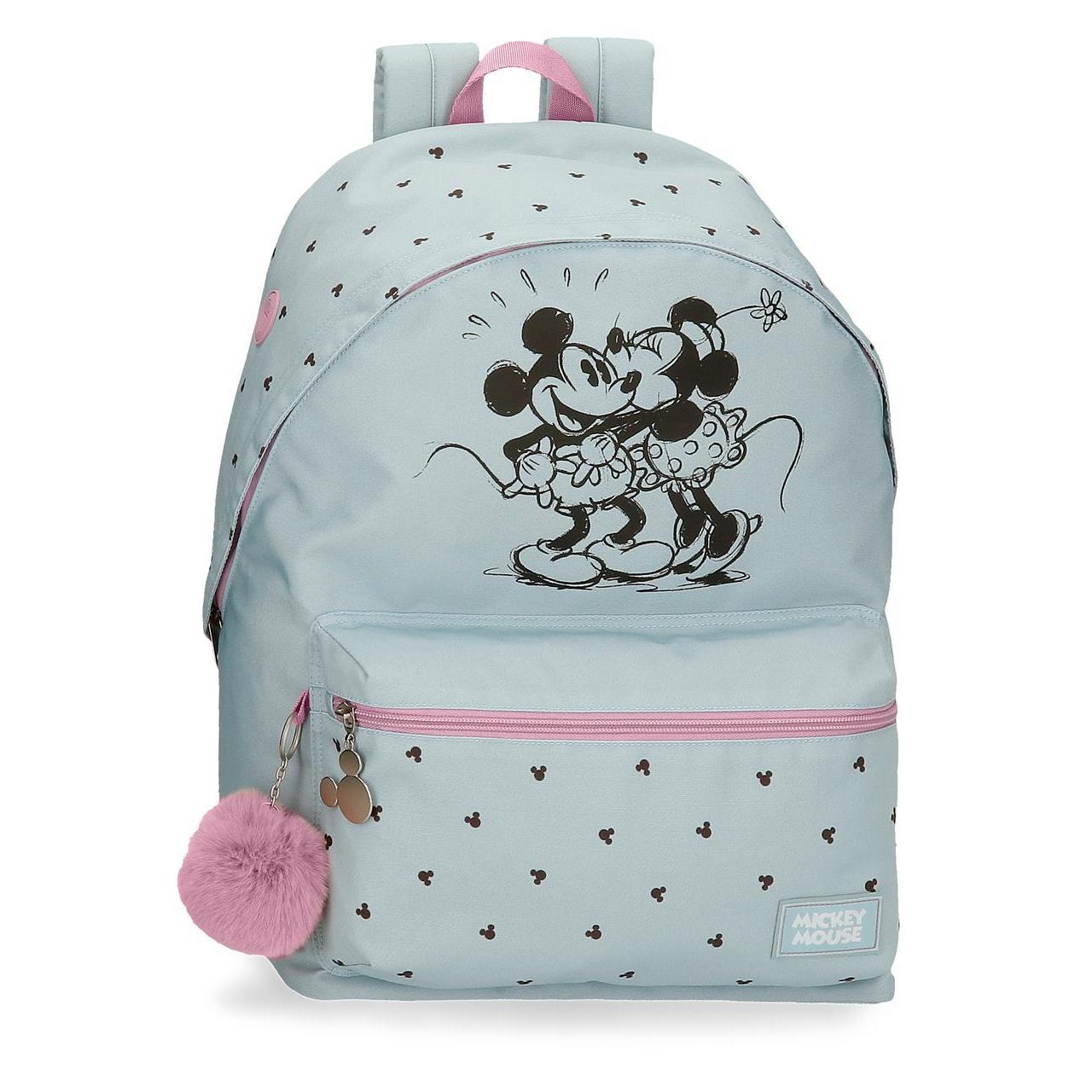 Mochila escolar Disney Mickey y minnie kisses azul claro