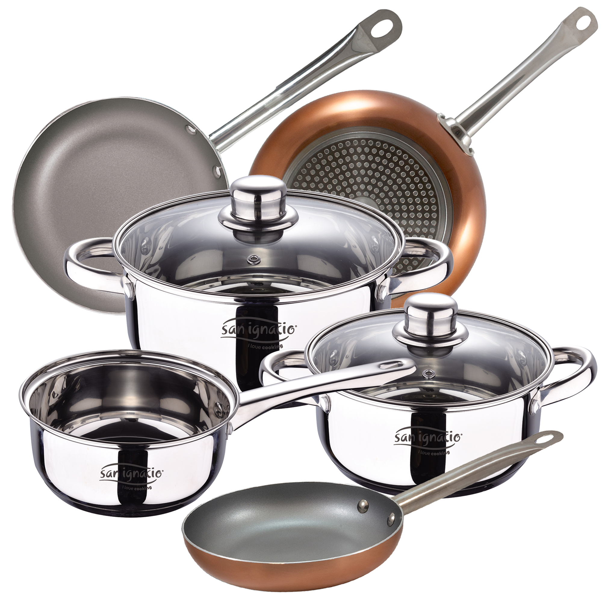 Batería de Cocina 5 Piezas San Ignacio Cassel de Acero Inoxidable con Tapas de Vidrio y Sartenes Optimum Plus en Aluminio Prensado