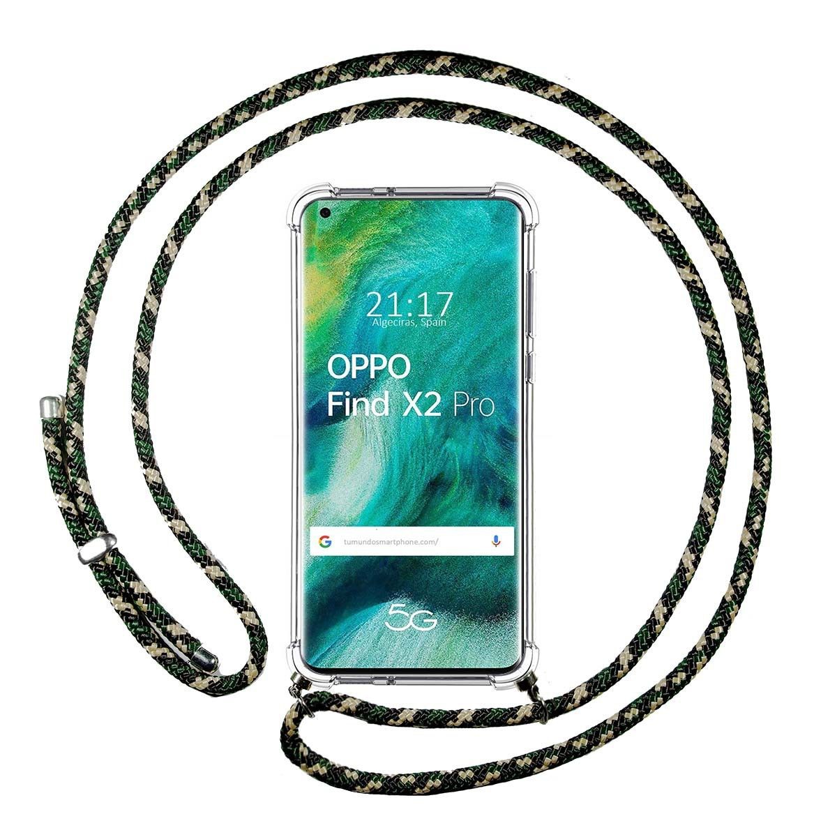 Tumundosmartphone Funda Colgante Transparente para Oppo Find X2 Pro con Cordon Verde / Dorado