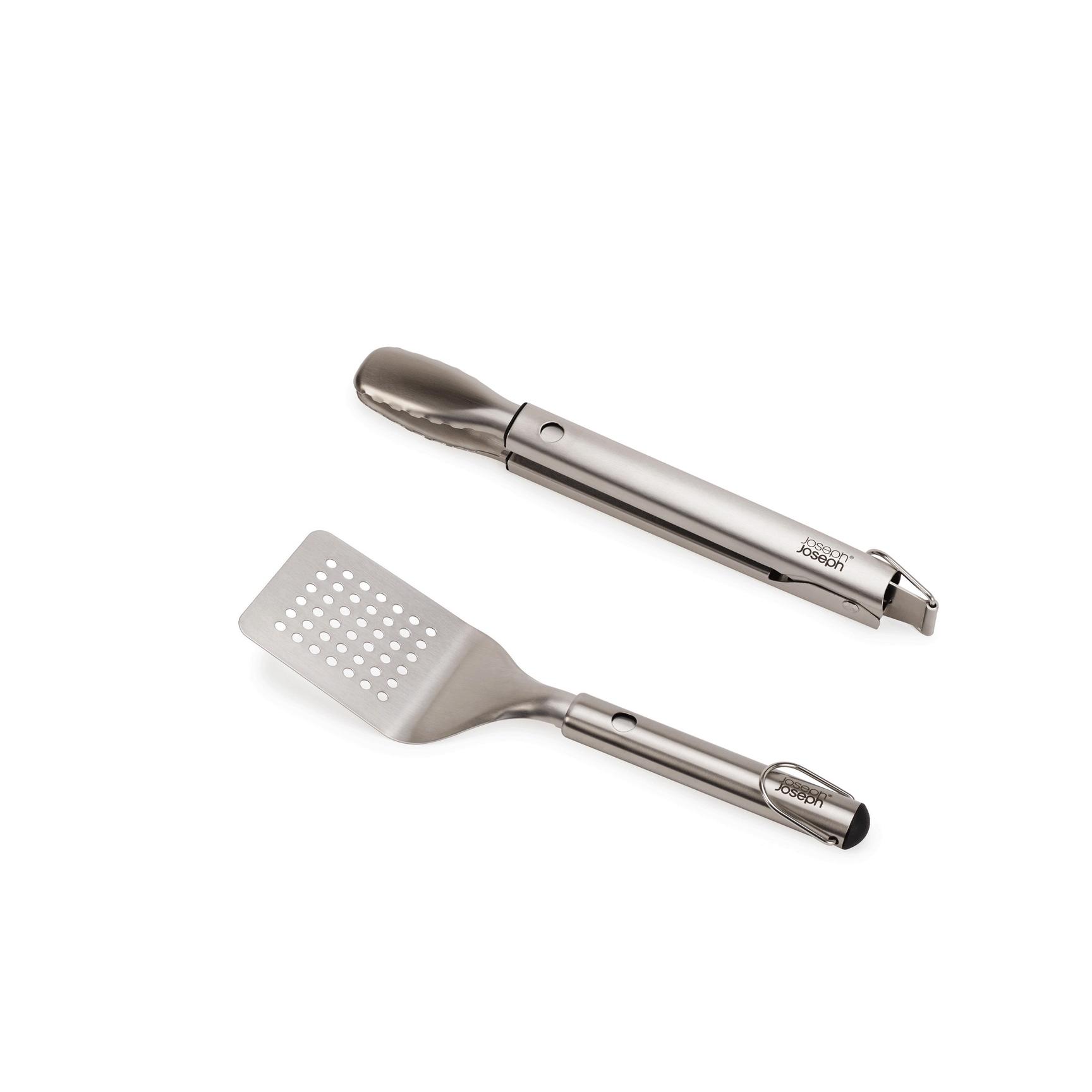 GrillOut™ Joseph Joseph, set 2 piezas BBQ, espátula y pinzas con cabezales retráctiles, acero inoxidable.