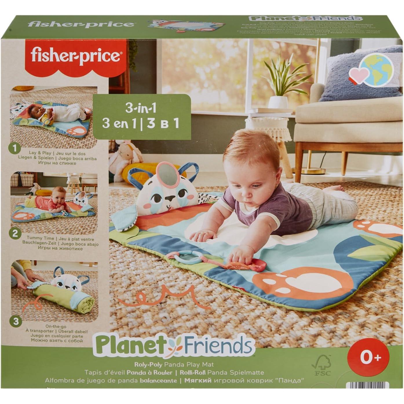 Fisher-Price Planet Friends Alfombra Panda 3 en 1 Manta de Actividades, recién Nacido, Fabricado con un 90% de plástico Reciclado y Embalaje Certificado FSC, (Mattel HKD65)
