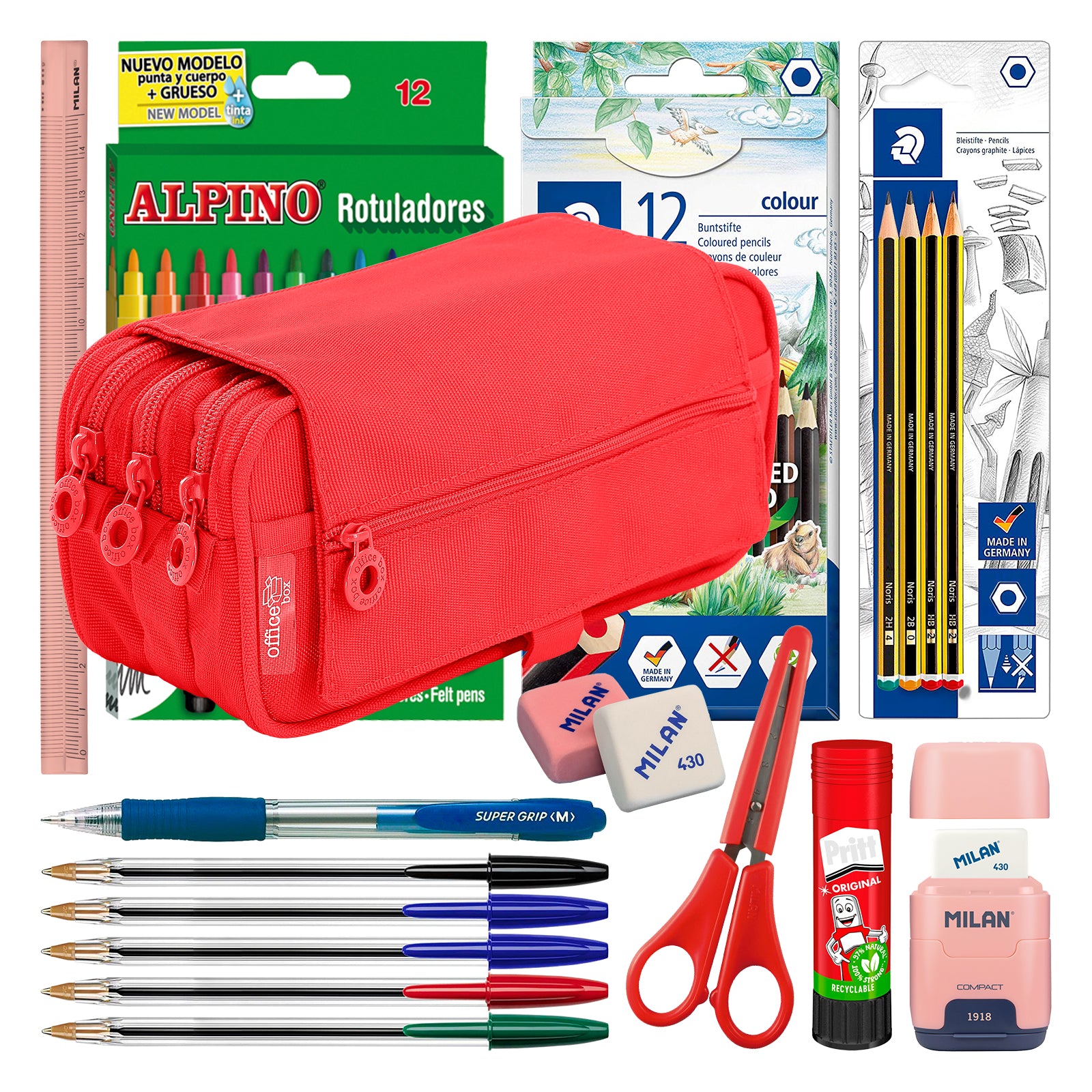 ColePack Pro - Estuche Triple de 3 Cremalleras con Material Escolar Incluido. Rojo Coral