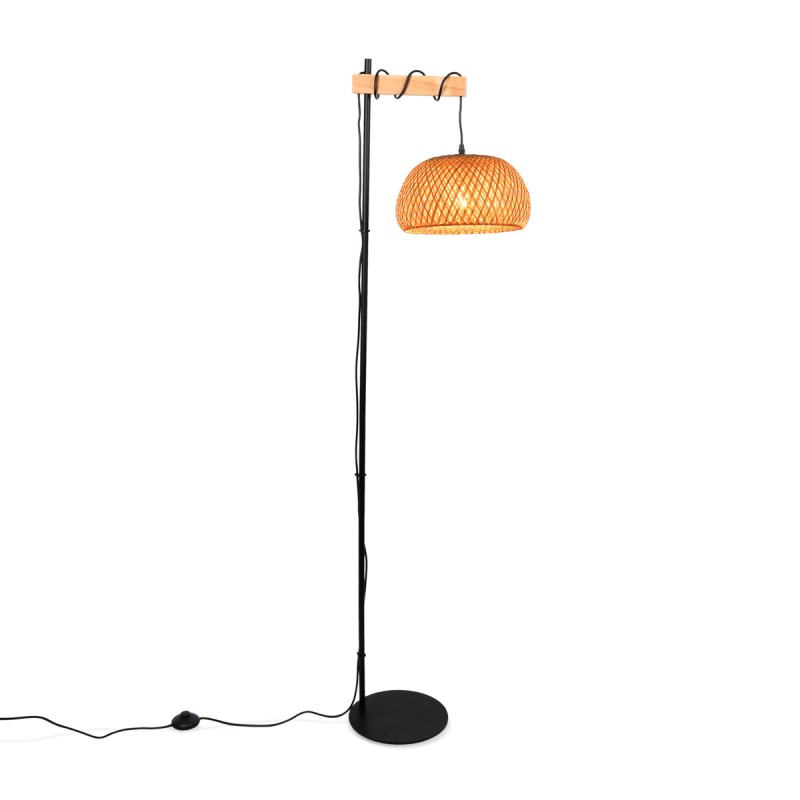 ALPINALUZ Lámpara de Pie "Ylva" de Madera y Mimbre con Pantalla de Bambú, Interruptor de Pie y Diseño Moderno para Sala o Cocina
