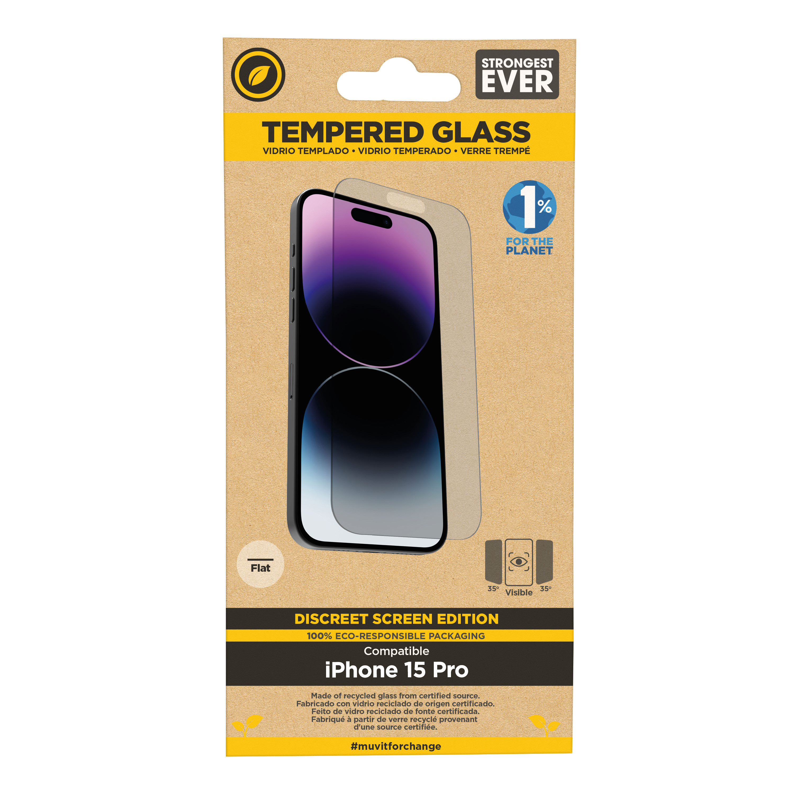 muvit for change protector pantalla recycletek privacy compatible con Apple iPhone 15 Pro vidrio templado plano