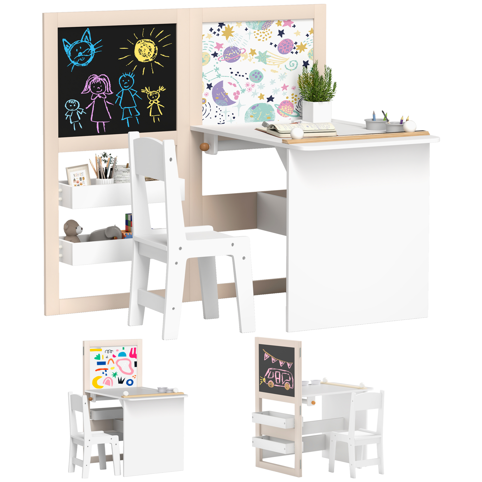 AIYAPLAY Mesa y Silla Infantil de 2 Piezas Mesa Infantil con Silla y Caballete Plegable para Niños de +3 Años con Estantes y Rollo de Papel para Dormitorio Sala de Juegos Blanco