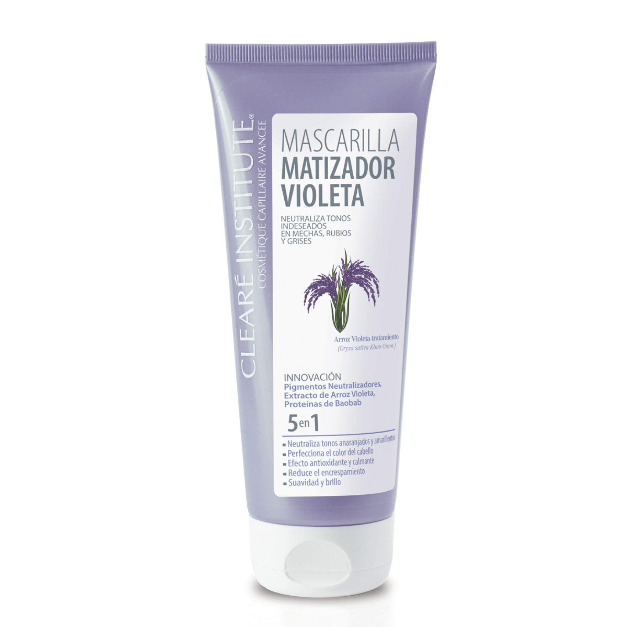 Clearé Institute - Mascarilla Matizadora Violeta | Elimina Tonos Naranja | Para Cabello Rubio, Decolorado, con Mechas o Canas | 98% de Ingredientes Naturales | 200 ml
